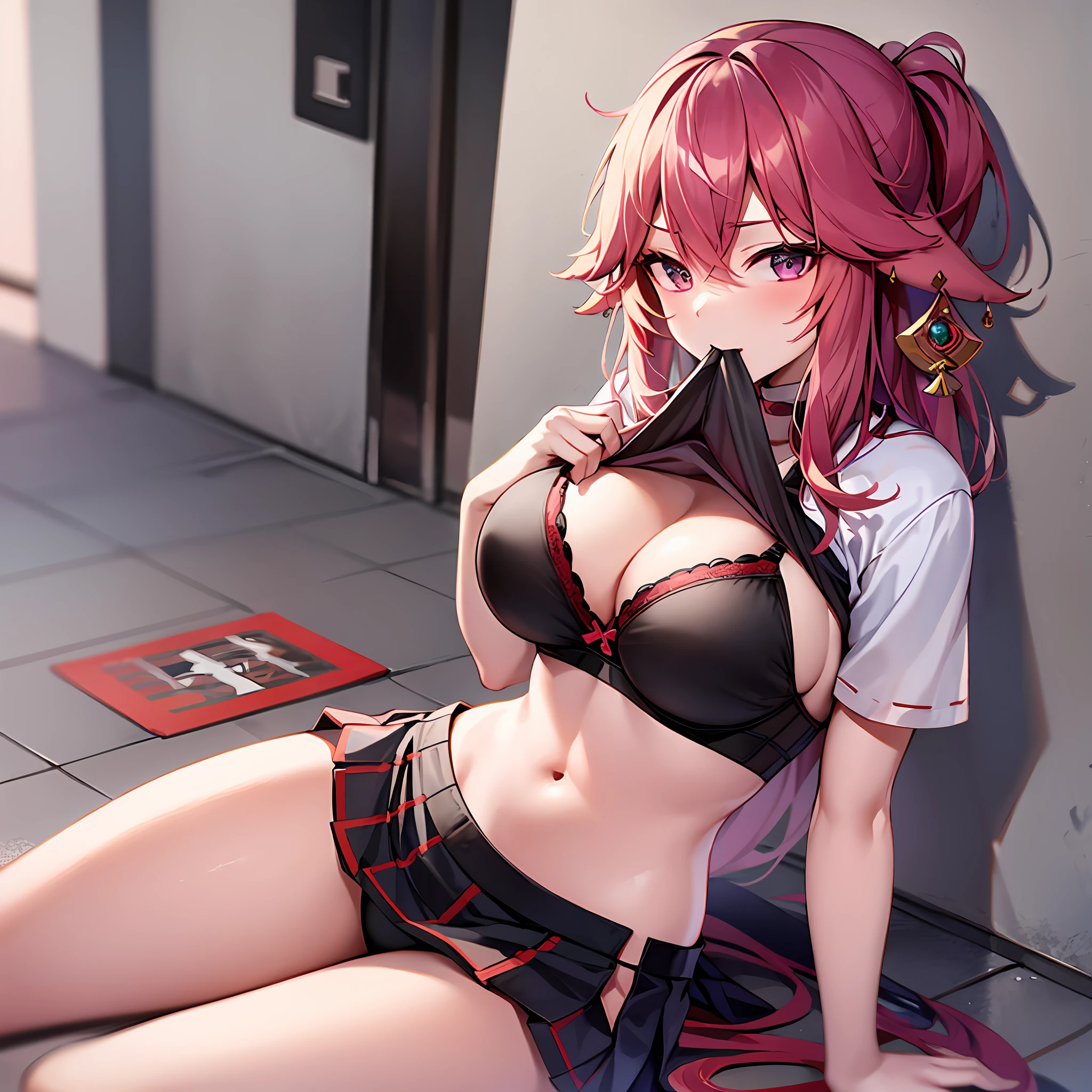 1Yae miko, large breasts,clothes in mouth, cleavage, navel, t-shirt, ((bra)),clothes lift, shirt in mouth, skirt, lying, full Body,sexy body,sitting