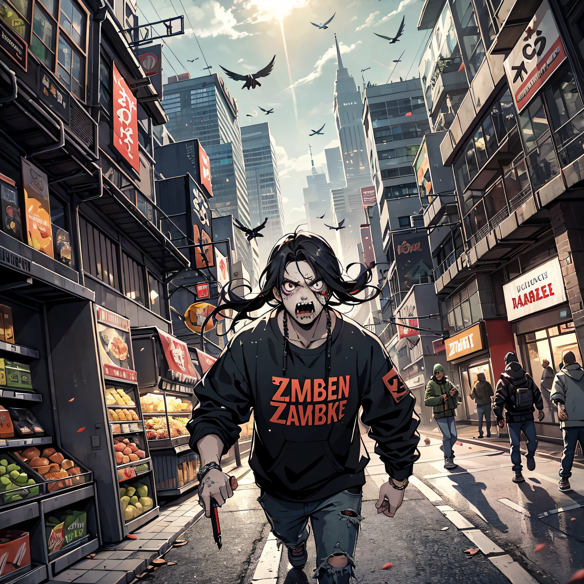 Ridiculous resolution，A high resolution，（tmasterpiece：1.4），Hyper-detailing，A couple of zombies，Supermarket，run，attacking，Zombie apocalypse，Zombie outbreak