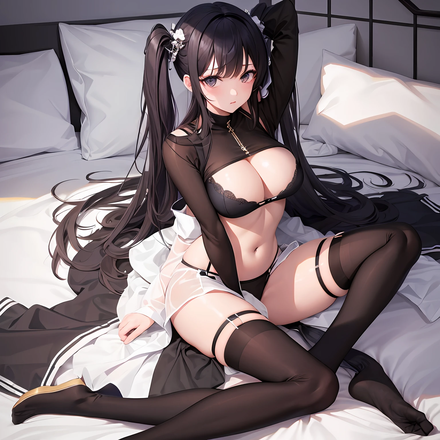 best quality, ultra high res,prefect anatomy,20yo kdoll,1girl,solo,on bed,navel,see-through clothes,cold expression,taut clothes,clothes between thighs,zettai ryouiki,bare shoulders,bare legs,Bare crotch,spread legs,huge breast,full body,lying,from above --auto
