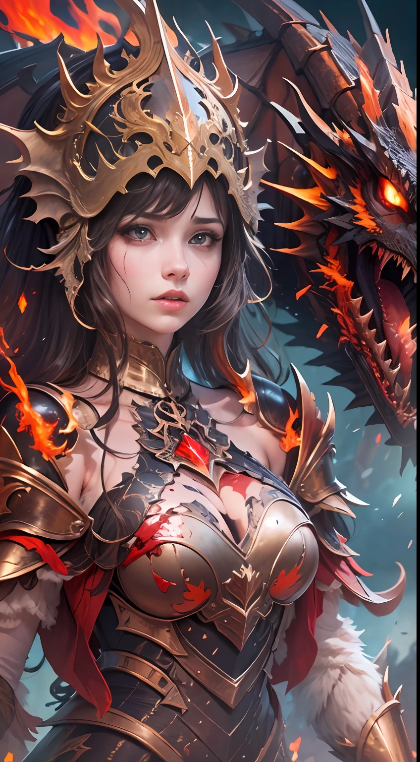 (the detail:1.4), 3D combination of man and dragon, Human dragon tail, A girl in dragon scale armor, The armor has an intricate and delicate golden dragon pattern, Broken armor,There are many cracks, There is blood outflow, The red panties underneath are exposed, (Dragging a fireball in his hand, A large ball of fire intertwined, Available in three colors: Red, green and blue, Off-the-shoulder fashion, Very complex dragon-patterned combat boots, Smooth and clean slim long legs, There is a ring on the top of the head, (The pitch-black dragon armor shone with a metallic sheen:1.3), Showing meticulous、A fusion of fine punk steam and baroque lolita, Countless meteorites fell from the sky, Intricate dragon pattern headdress, Fluttering lace flared miniskirt, Breasts are full and straight, The dragon crystal shining with blue light was embedded in the chest, Attached to the armor, Clean long blue hair, long vertical curly, Fire red purgatory background, There are tear tracks on the face, Crying dry, Bleeding from the wound on the upper arm, This big fireball is flying all over the sky, There is a dragon-shaped flame rune on the forehead, art-deco, A high resolution, cinmatic lighting, (long eyelasher), Red snake pupils, There was also blood on the gun, Crying, ripped apart, Sobbing, hdr(HighDynamicRange), Heterochromia, hyper HD, Rococo style, Depth of field, Ray tracing, Motion blur, surrealism, Vignetting, Verism, surrealism, Textured skin, Masterpiece, High details, High quality, Best quality, 16k