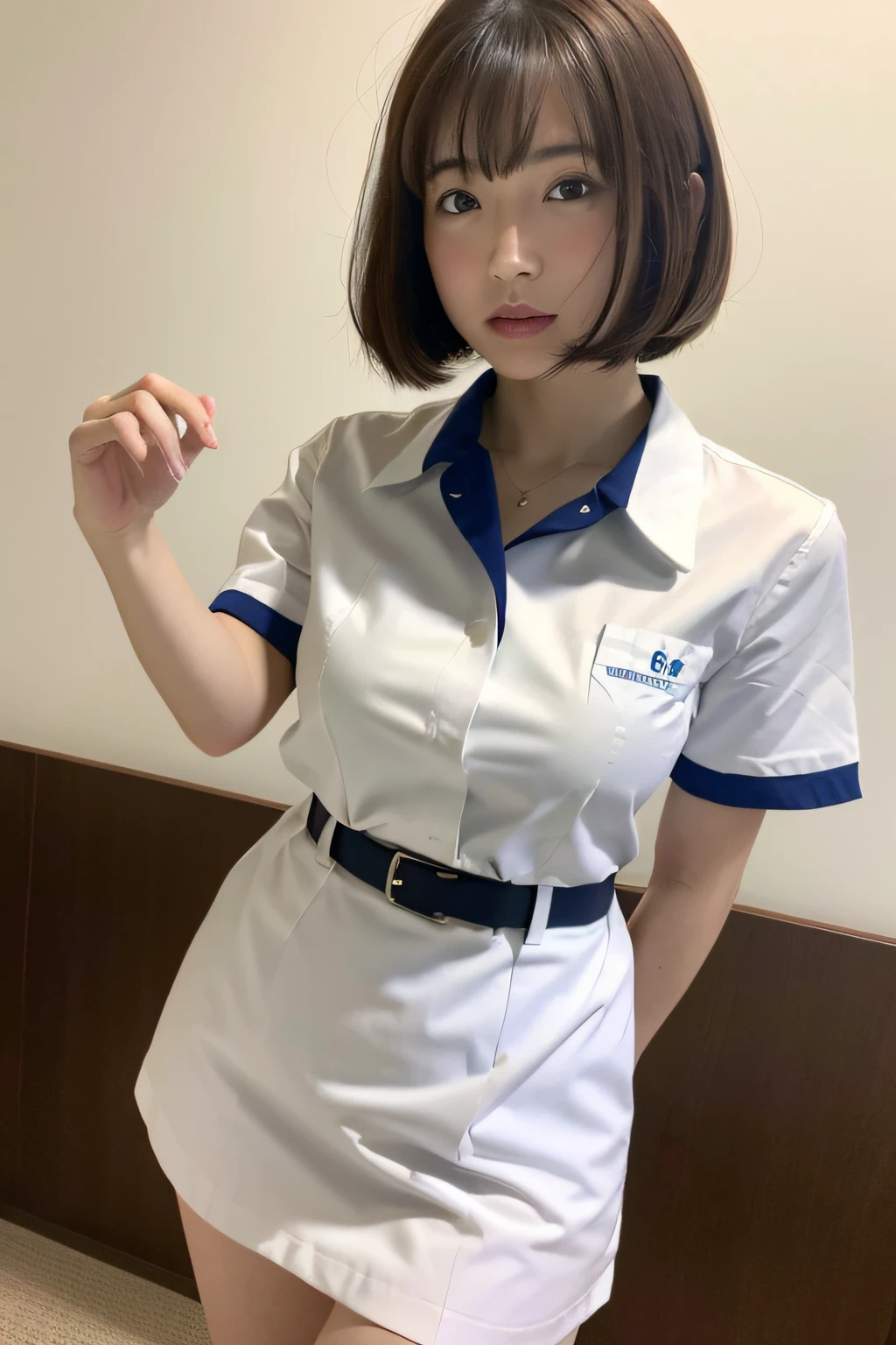(top-quality、8K、32K、masterpiece、nffsw:1.2)、Photo of a cute Japanese woman、女の子 1 人、(Medium short dark brown hair)、(small tits)、二重まぶた、White nurse uniform、White shirt、open-shirt、hospitals、Hospital Room、The upper part of the body、full bodyesbian