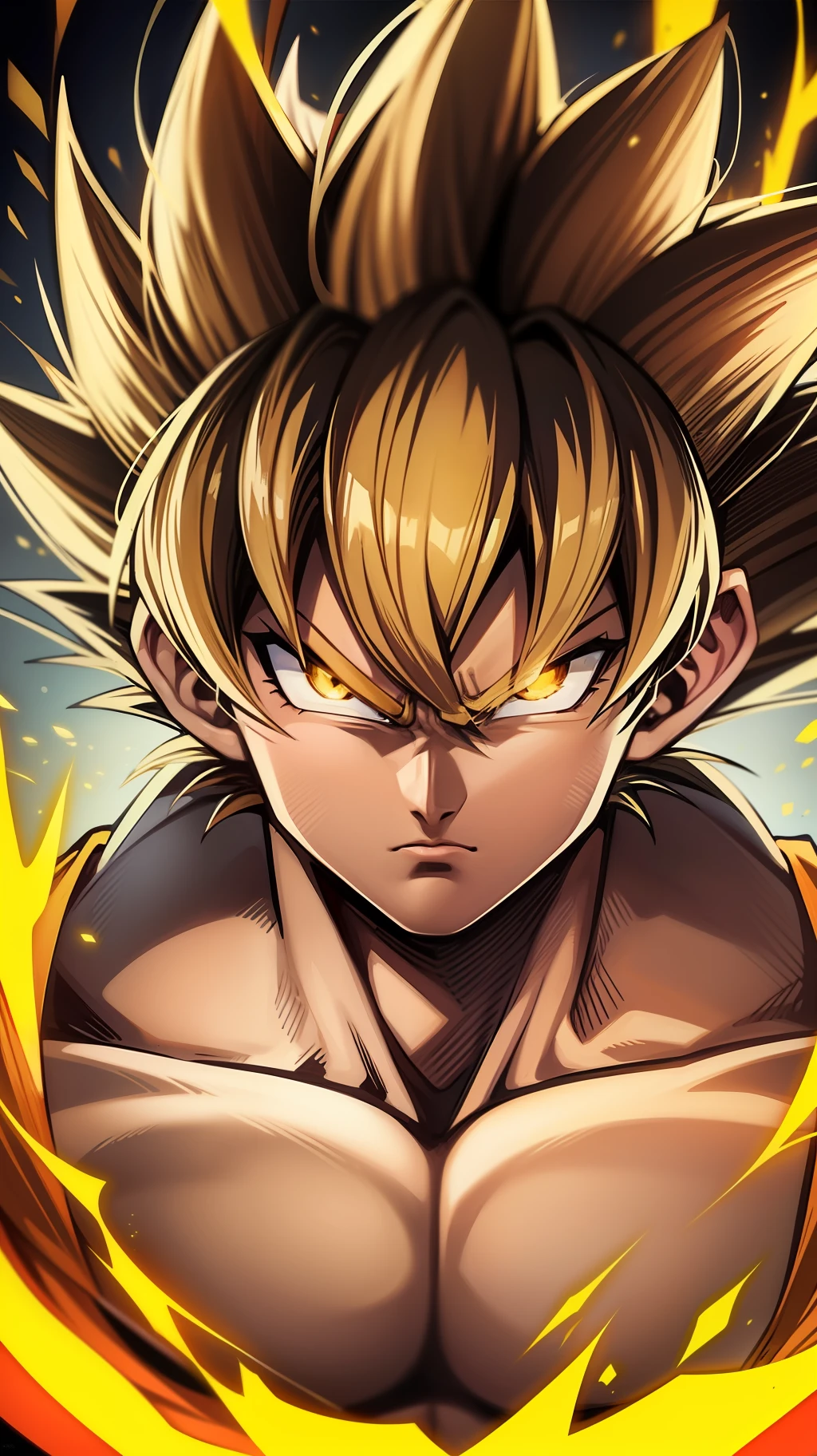 Son goku super sayajin looking at viewer, serious face. Yellow orange aura of power. Muscles. soft light yellow orange. digital art. 90's anime traits