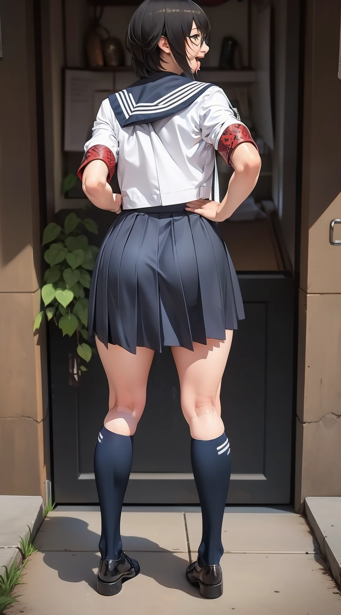 Suzuka, atarashi gakko, black hair, medium hair, glasses, tongue, nsfw, ecchi, rule 34, hentai, back view, seifuku uniform, blue tight  skirt