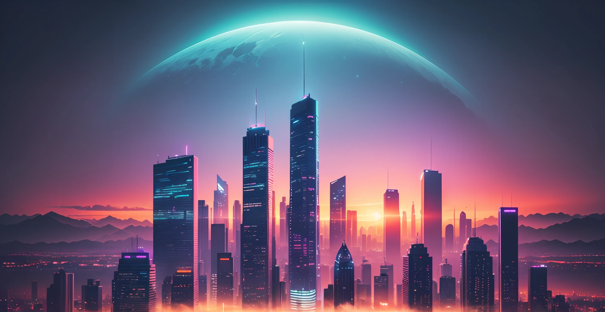 Colorful city skyline，The background is mountains, city sunset mist neon lights, City sunset, city sunset night, vaporwave sunrise background, city twilight landscape, 4 k hd illustrative wallpaper, [ 4 k synthwave art style ]!!, 4 k hd wallpaper illustration, neon landscape, synthwave city, Neon city in the background, vaporwave city, Colorful city --auto