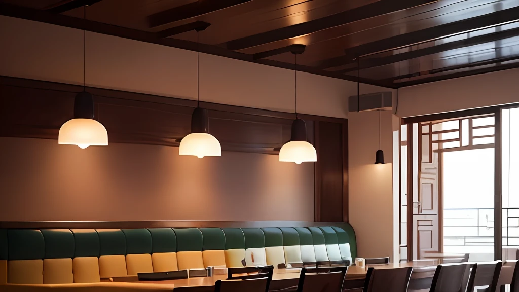 Please design a restaurant business space,The products sold are small hot pots for one person,Eat all the meat and dishes,The environment is approachable but lively。The seating space should not be too crowded,The space tones are lively and generous,The lighting should have an atmosphere,Don't be too bright --auto