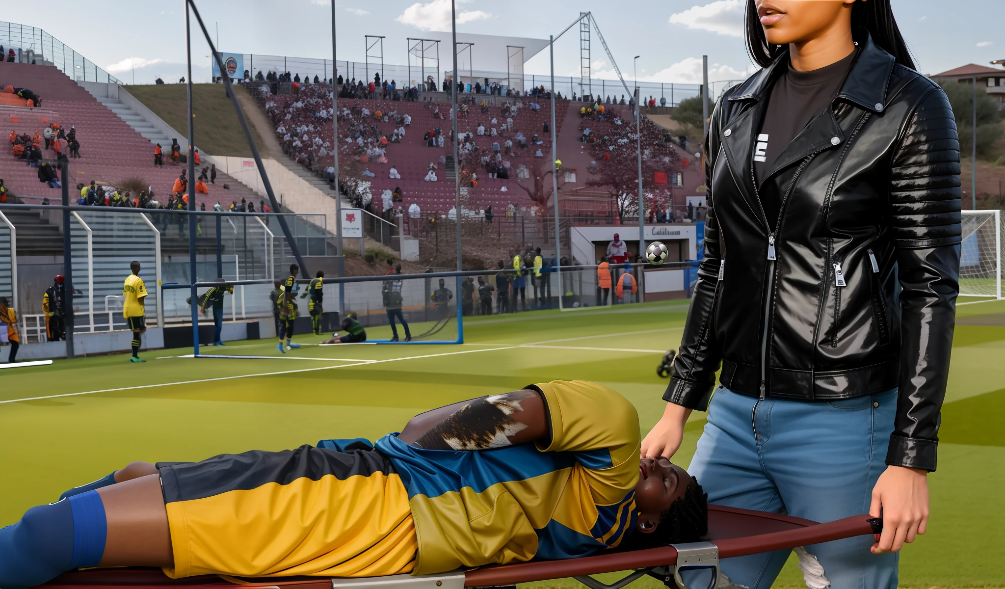 soccer, sports injury, theatralic erotic action, intense erotic scene, erotic pose, a love scene, interracial loving action, erotic, an injured soccer-boy in matte cotton sportswear is rearing up in pain on a stretcher, an injured soccer-boy in matte cotton sportswear is rearing up in pain on a stretcher that is carried by his african girlfriend, there is an attractive african girl in a deep black high-shine biker-jacket, a terrified but attractive african girl is evacuating her injured soccer-boyfriend from a soccer field, an injured soccer-boy in matte cotton sportswear is rearing up in pain on a stretcher while he is evacuated from the field of play by his very attractive african girlfriend, an injured soccer-boy is crying in pain, an attractive african girl in a wet deep black shiny plastic-jacket is giving first aid, dramatic action scene, first aid, injury, pain, agony, helping woman, woman carrying a man, an attractive african girl in a black shiny biker- jacket, an attractive african girl in a wetlook shiny patent-leather-biker-jacket with lipstick and madeup smokey eyes, a consciousless german boy in a cotton shirt and a matte jeans, an attractive african girl with lots of makeup in a very shiny wet black biker-jacket, an attractive african girl is wearing a shiny bikerjacket, an attractive african girl with smokey eyes, an attractive madeup girl in shiny leather with lipstick, an attractive african girl is carrying a german boy, a matte clothed injured boy, a shorthaired boy with cotton t-shirt, a shorthaired boy needs to be carried while wearing matte sportswear