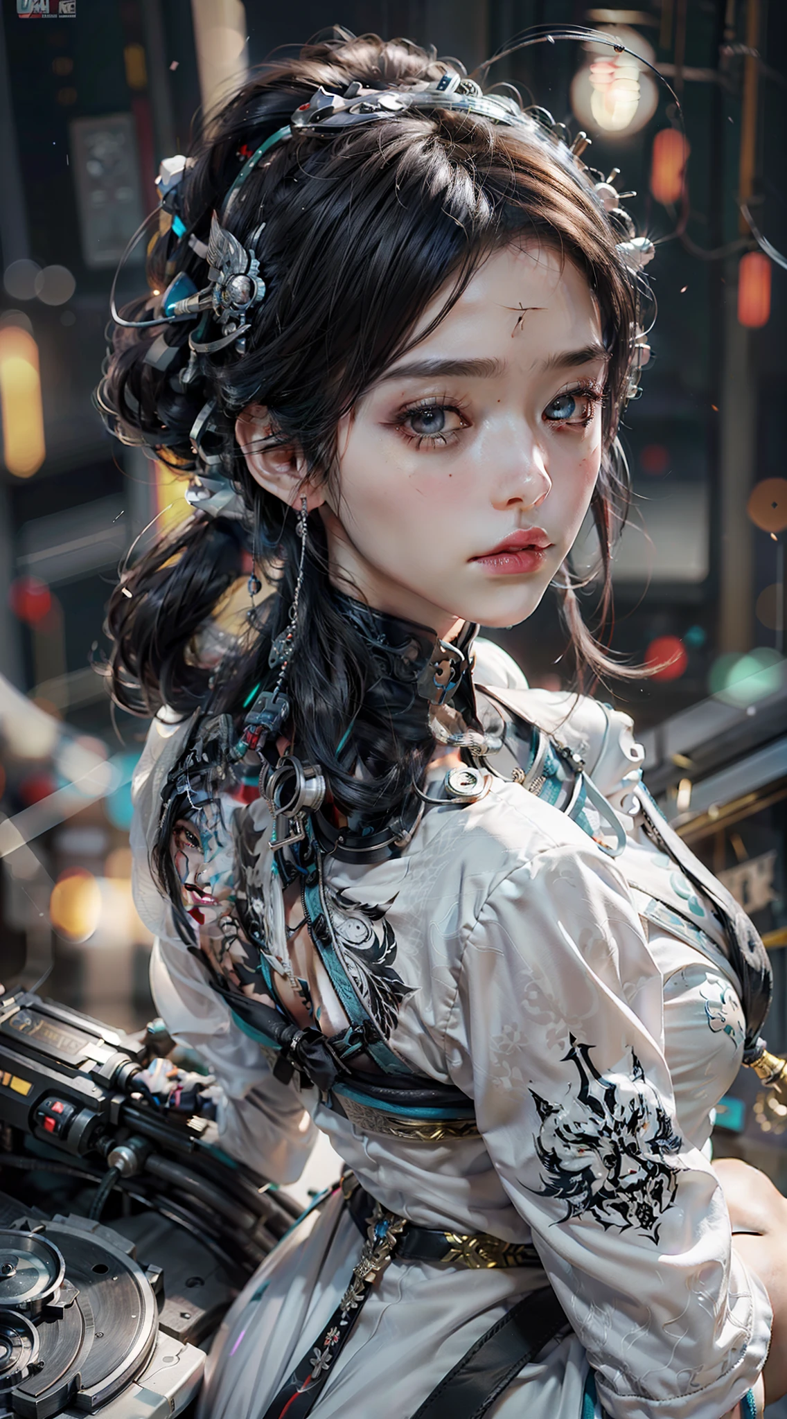 tattoo on the face,Cyberpunk headdress,Cyberpunk shoulder armor,Thick clothes,Matte clothes,insanely details,Simplified background,one-girl,White cheongsam,Loose,sculpted,Hanfu,Cyberpunk Chinatown,Hanfu,white clothes,Chinese streets,cyber punk style,up-close,Wide shot, From above, Wide-angle, Ultra-wide angle, Bokeh, Sony FE GM