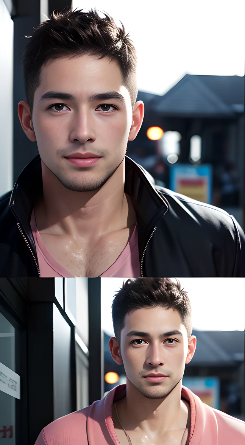 ((Men only)), (head shot), (Tanned handsome muscular man in his 20s in pink cardigan), (pink short hair), Chris Redfield, Mischievous smile, (detaile: 1 in 1), Natural muscles, HIG quality, beautidful eyes, (Detailed face and eyes), (Face、: 1 / 2), Noise, Real Photographics、... ............................................................................PSD, Sharp Focus, High resolution 8K, realisitic & Professional Photography, 8K UHD, Soft lighting, High quality, Film grain, FujifilmXT3