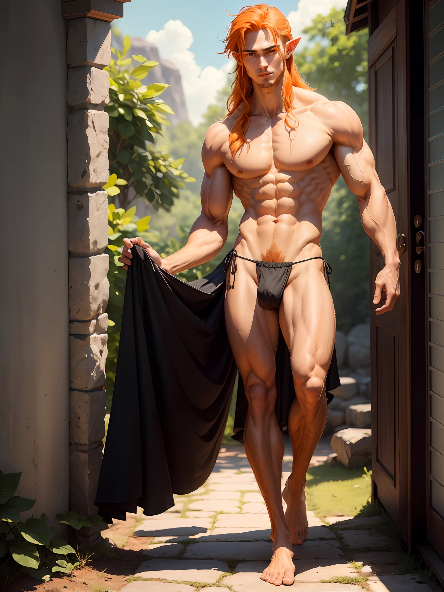 A full body image of one extremely handsome male elf naked wearing just a small black thong, clean shaved, athletic body, (white skin), bare chest, (long orange scruffy hair), serene expression, small waist, muscular. --auto