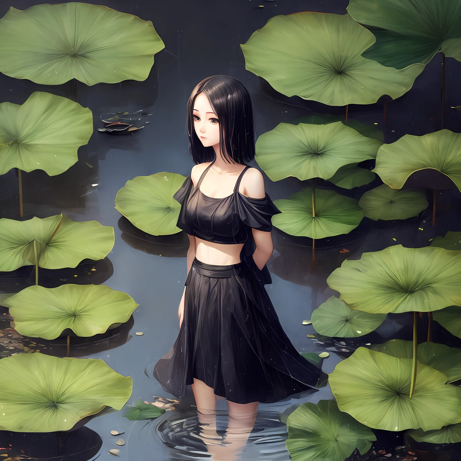 one-girl,In the lotus pond,Full body like,under rain,Minimalist style, --auto