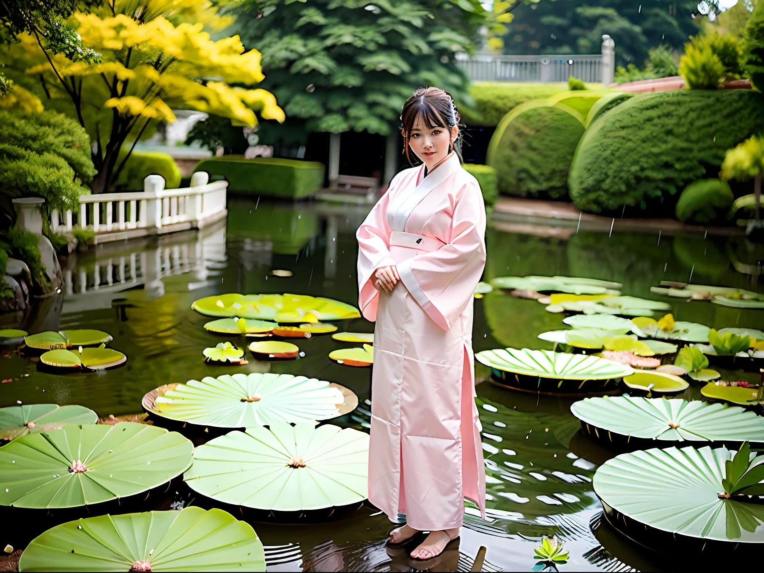 best qualtiy,(真实感:1.4),one-girl,In the lotus pond,Full body like,under rain,Minimalist style,Light pink hanfu(Tang dynasty ancient Han clothing:1.3),(black color hair:1),(rain drops:1.2),looking at viewert,in a panoramic view,