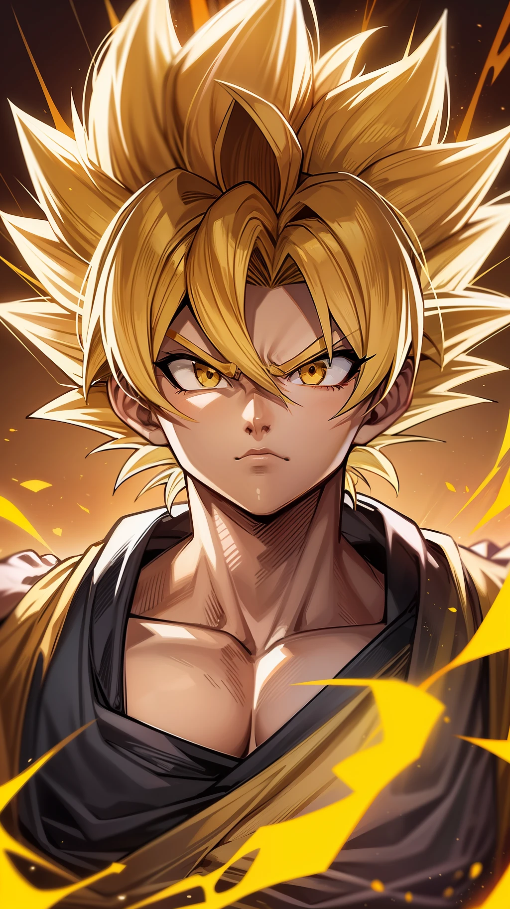 Son goku super sayajin looking at viewer, serious face. Yellow orange aura of power. Muscles. soft light yellow orange. digital art. 90's anime traits, yellow hair