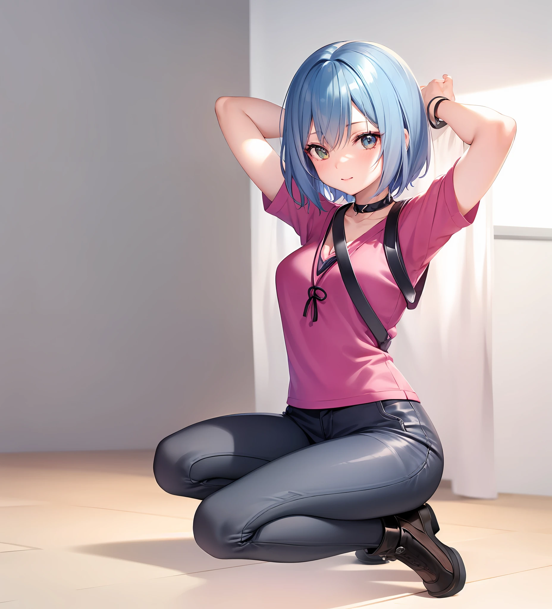 anime girl in green shirt and red pants posing on a city street, kakyoin, full body portrait of a short!, makoto, makoto shinka, smooth anime cg art, official art, !!full body portrait!!, full_body!!, misato katsuragi, rena nounen style 3/4, aya takano color style