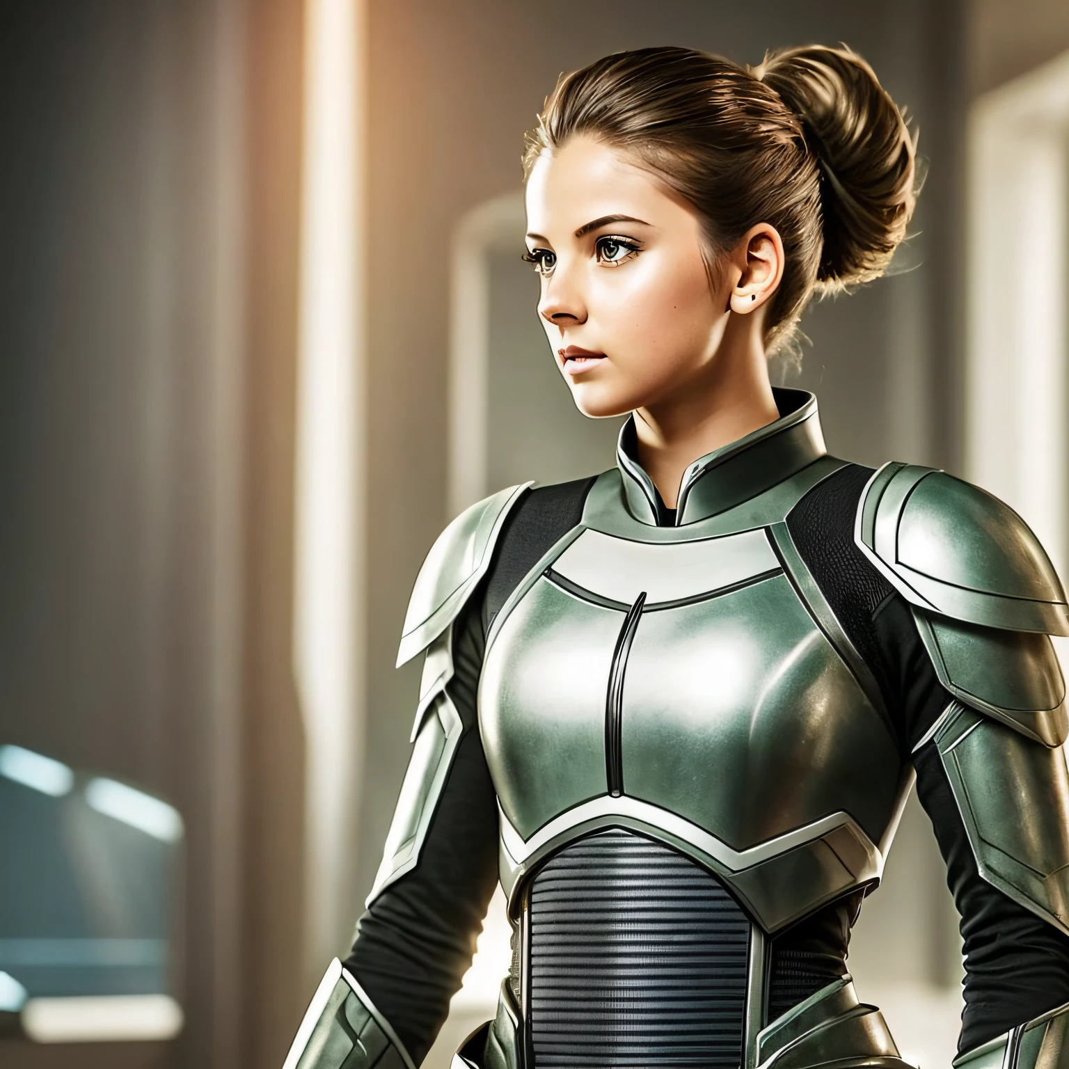 A young beautiful girl in a tight sci - fi uniform, with a slim figure, upper body, with her hair up, female warrior --auto