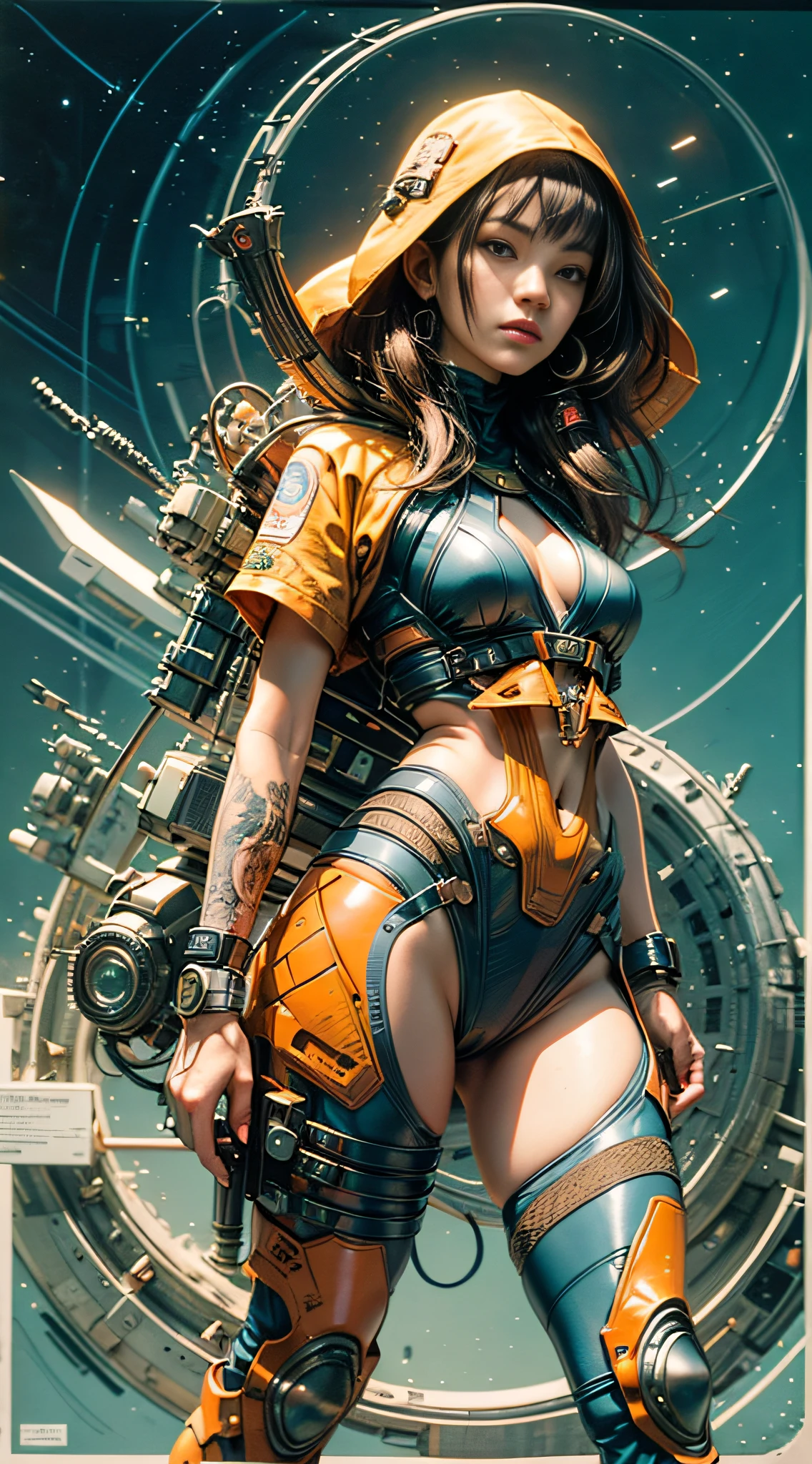 1monk warrior girl with blue orange techwear clothes, Long Brunette Hair, shoelace, Vintage Scifi Background Abstract, Art by Moebius, Art by Ashley Wood