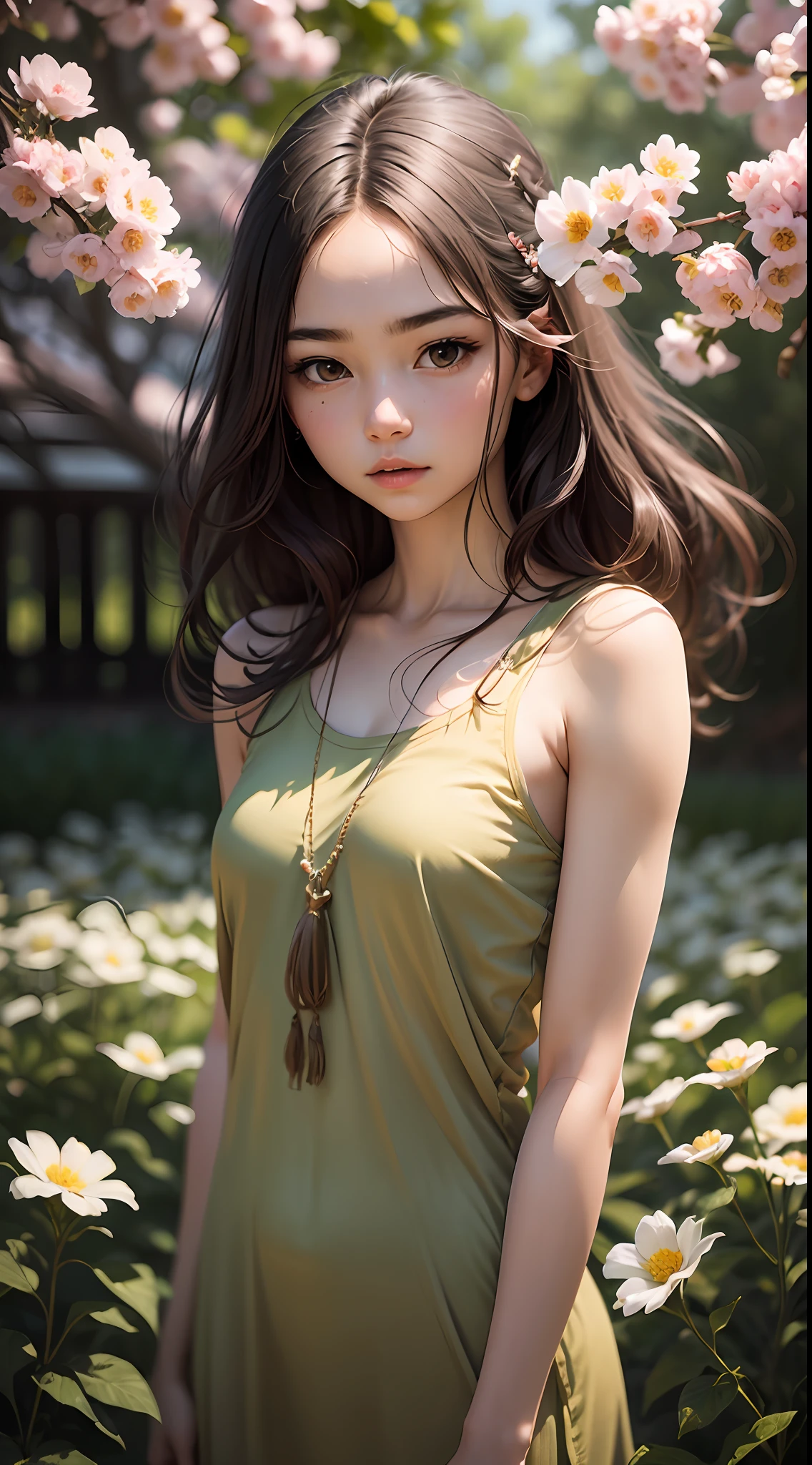 1 girl，petite，realisticlying， The upper part of the body， Realistis，flowering trees，Floating hair， Detailed face