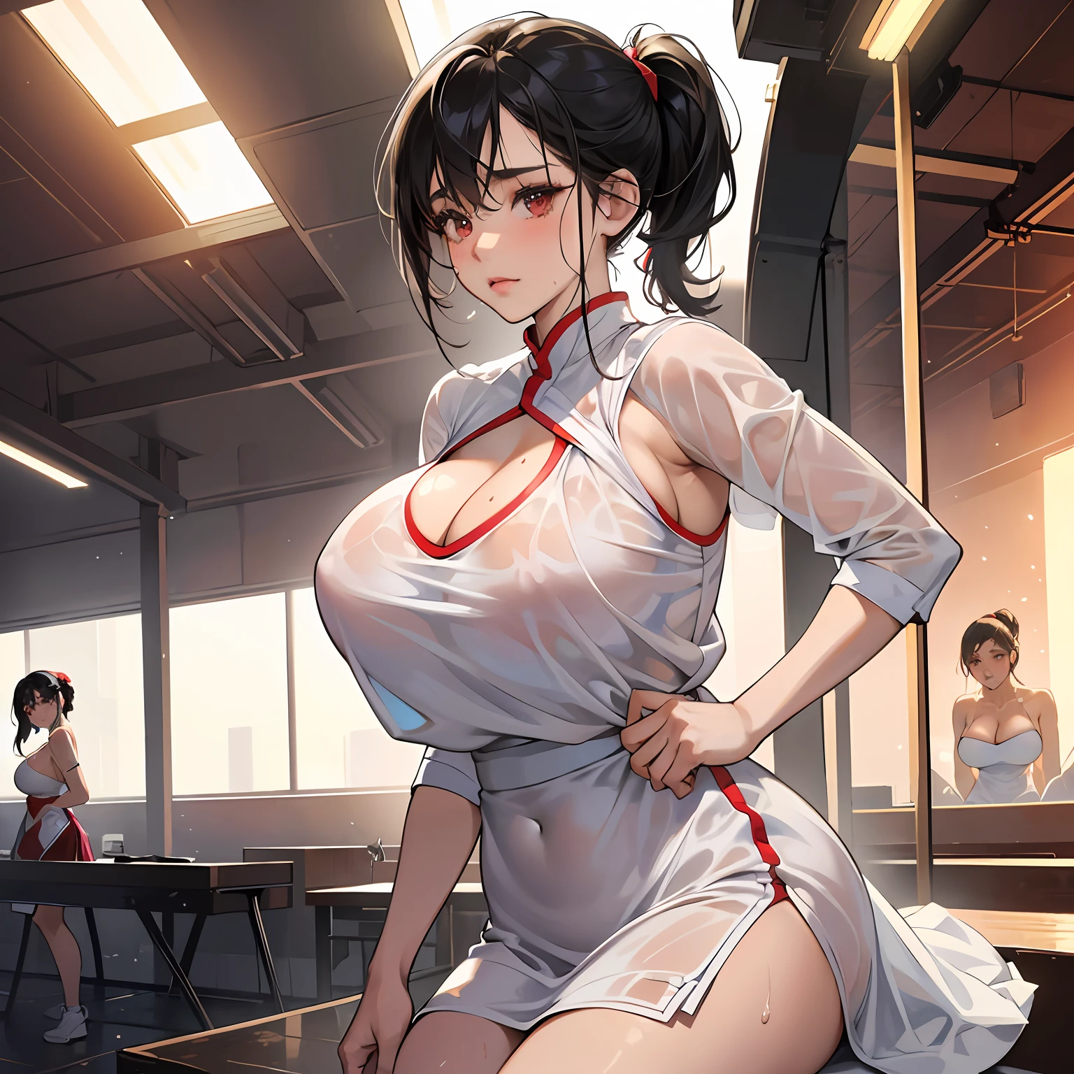 (Mesh strapless dress),Masterpiece:1.2, Best quality, Realistic, (Real picture, Intricate details, Depth of field), (1girll, Solo), make up, parted lip, highly detailed, Perfect face, (Huge breasts:1.8), (skin indentation), Thick thighs, Wide hips, Small waist, Tall, glossy coral lips, Black hair, Red eyes, pony tails, (Multiple girls playing basketball, White basketball suit), (full of sweat:1.2), (Wet), Sexy, Blushing, (gigantic cleavage breasts:1.8),see-through shirts:1.2),(open shirts)gorgeous chinese models, Sexy girl, Beautiful Asian girl --auto