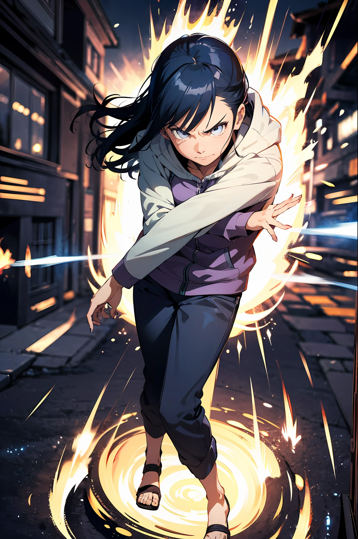 absurdres, (best quality), (masterpiece),(ultra-detailed:1.2),(photorealistic:1.1),(highres),from above,Yin Yang background, ,silhouette ,
1girl,angry,
(motion blur:1.7) ,speed lines ,
hinata\(boruto\), purple hoodie, brown pants, black shirt,glowing eyes,
(wind:1.4),(swirling:1.3) (,blue fire:1.3),(burning hands:1.1),
fire,