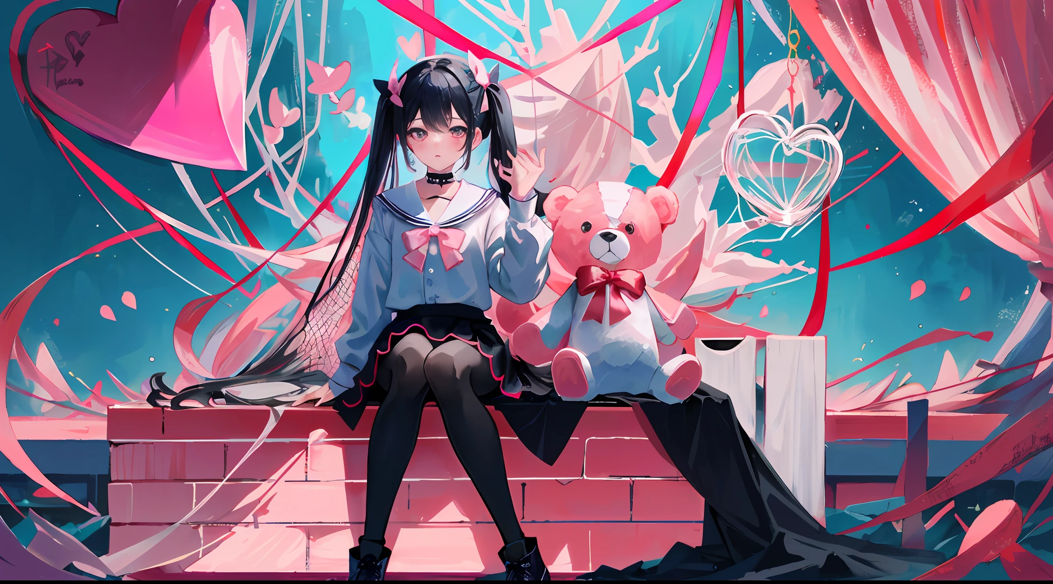 masterpiece, best quality, (jirai_kei),1girl, solo, long_hair, looking_at_viewer, shirt, black_hair, long_sleeves, bow, ribbon, twintails, sitting, monochrome, hair_bow, heart, pantyhose, frills, food, shoes, choker, blunt_bangs, black_skirt, pink_eyes, stuffed_toy, pink_background, stuffed_animal, frilled_skirt, pink_bow, (fishnets), candy, bandaid, pink_shirt, teddy_bear, lollipop, (fishnet_pantyhose), platform_footwear, pink_theme, pill, heart-shaped pupils,