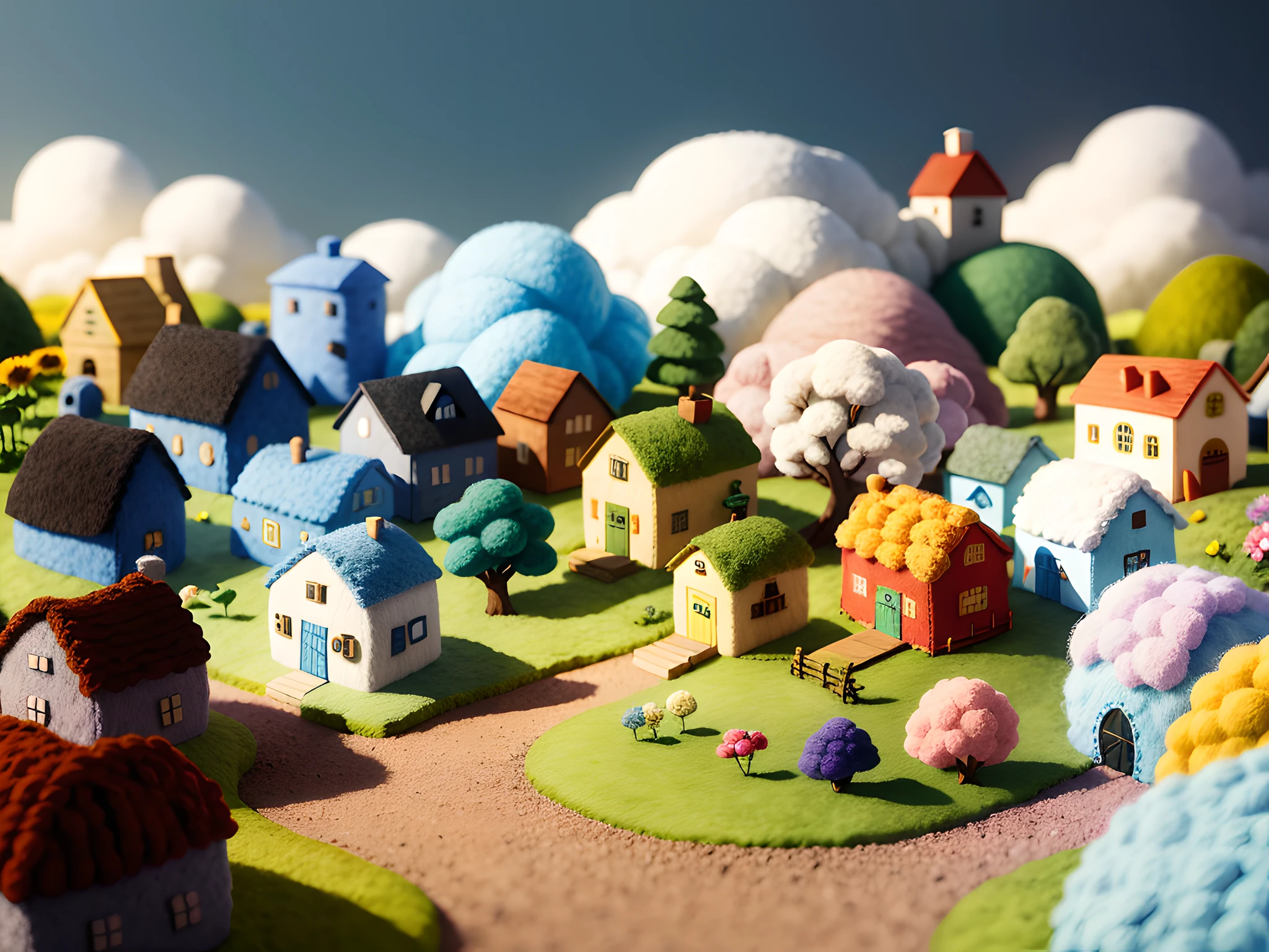 cute world of wool felt, wool knitted fabric, cartoon, some small houses, farms, barracks, warehouses, flower houses, super cute, superb lighting, volumetrics, by Jon Klassen, Ghibli Studio style, Tilt - shift, 80mm lens, Large aperture, 3d, blender, masterpiece, super detail, best quality, --v6