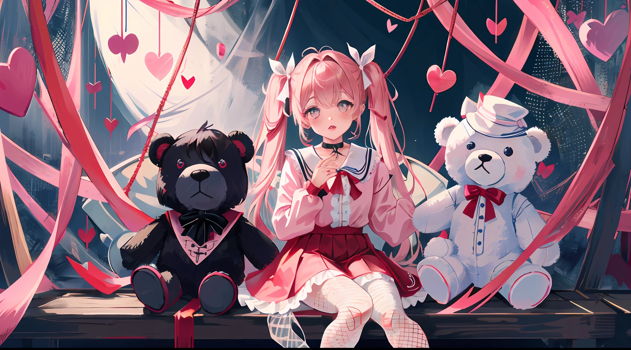 masterpiece, best quality, (jirai_kei),1girl, solo, long_hair, looking_at_viewer, shirt, black_hair, long_sleeves, bow, ribbon, twintails, sitting, monochrome, hair_bow, heart, pantyhose, frills, food, shoes, choker, blunt_bangs, black_skirt, pink_eyes, stuffed_toy, pink_background, stuffed_animal, frilled_skirt, pink_bow, (fishnets), candy, bandaid, pink_shirt, teddy_bear, lollipop, (fishnet_pantyhose), platform_footwear, pink_theme, pill, heart-shaped pupils,