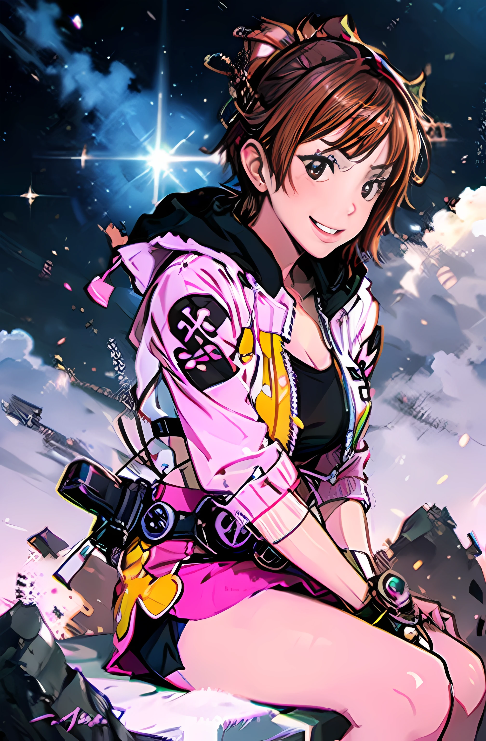 ((masutepiece)), Puberty fit, Inuit, Brunette Caesar Cut Hair, Laugh, Wearing a magenta tribal levitation wrap skirt, Cybernetic Bomber Jacket, , , And, Sitting cross-legged, Tune in to the vastness of the universe., Post-apocalyptic wasteland, ((masutepiece)), goddess of Japan, 奈良美智, deayami kojima,