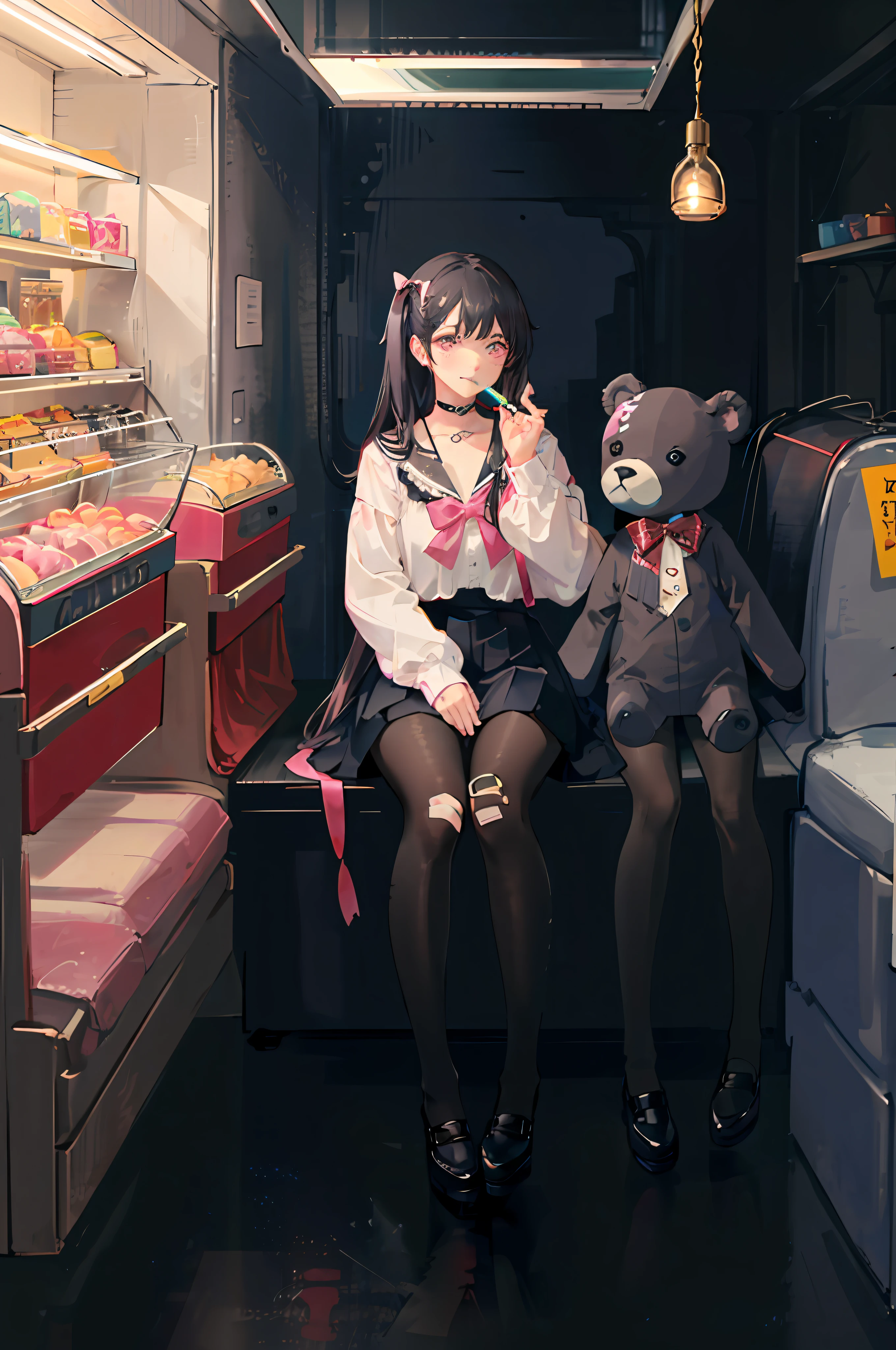 masterpiece, best quality, (jirai_kei),1girl, solo, long_hair, looking_at_viewer, shirt, black_hair, long_sleeves, bow, ribbon, twintails, sitting, monochrome, hair_bow, heart, pantyhose, frills, food, shoes, choker, blunt_bangs, black_skirt, pink_eyes, stuffed_toy, pink_background, stuffed_animal, frilled_skirt, pink_bow, (fishnets), candy, bandaid, pink_shirt, teddy_bear, lollipop, (fishnet_pantyhose), platform_footwear, pink_theme, pill, heart-shaped pupils,