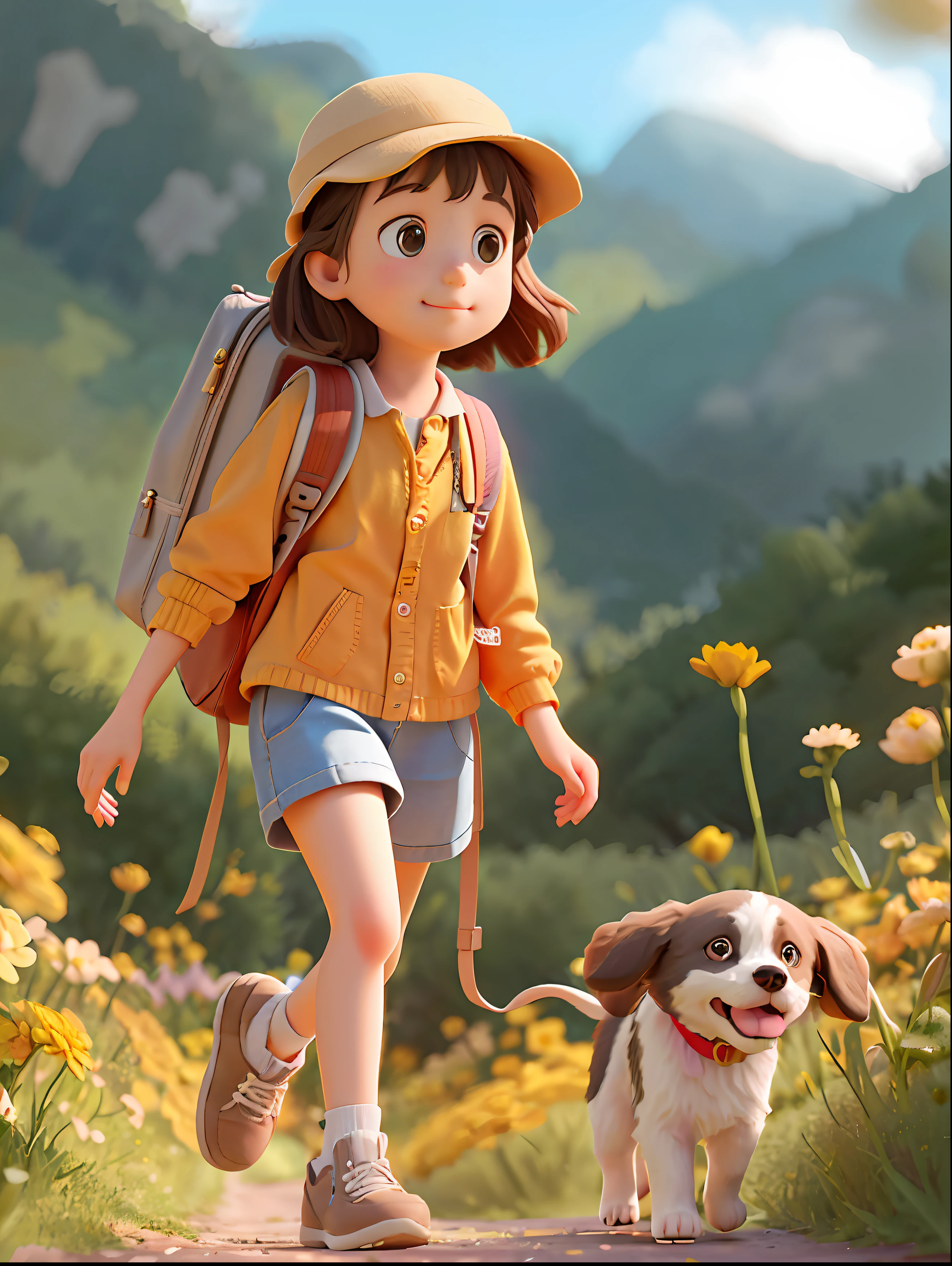 A very charming little girl with a backpack and her cute border collie puppy enjoying a lovely spring outing surrounded by beautiful yellow flowers and nature. The illustration is a high-definition illustration in 4K resolution with highly detailed facial features and cartoon-style visuals.