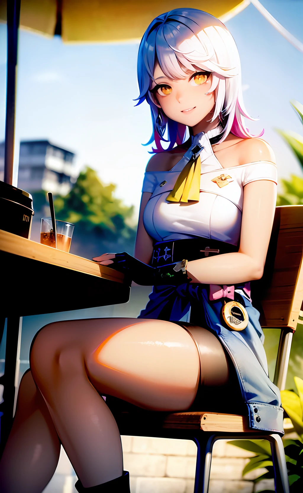(masterpiece:1.2), best quality, absurdres illustration, 8k, realistic shadows, volumetric lighting, (cute:1.1), ambient lighting, colorful, cowboy shot, textured skin, blush, beautiful detailed shadows, light rays, skindentation, long eyelashes, beautiful detailed eyes, ultra-realistic, realistic, perfect pupils, holographic, incidence of light, cinematic lighting, light smile, cafe, outdoors, plants, street, chair, desk, sun, parasol, Carole_Peppers, 1girl, jacket around waist, solo, fingerless gloves, bangs, dark-skinned female, sitting, bare shoulders, boots, yellow eyes, sitting, thighs