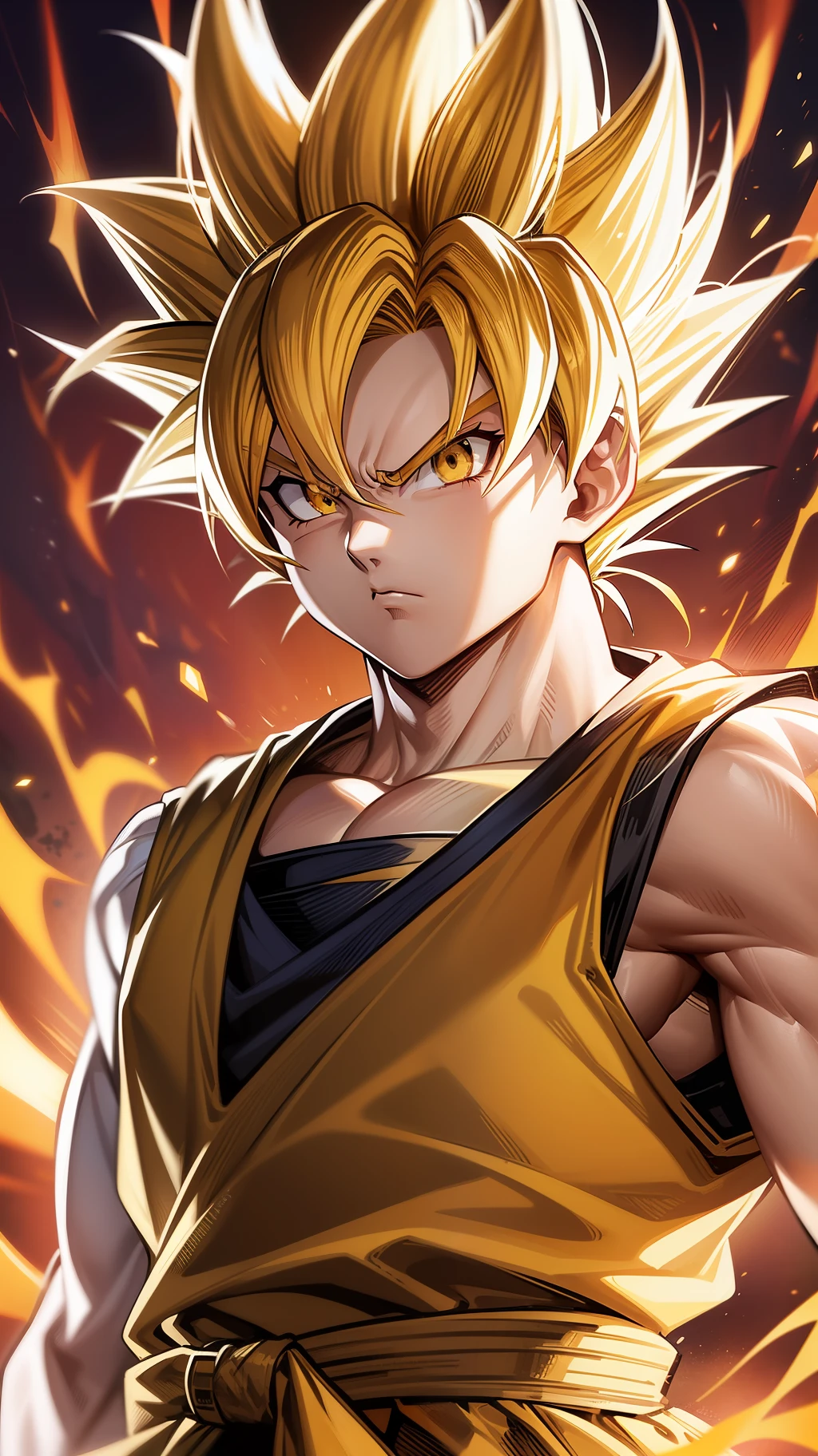 Son goku super sayajin looking at viewer, serious face. Yellow orange aura of power. Muscles. soft light yellow orange. digital art. 90's anime traits