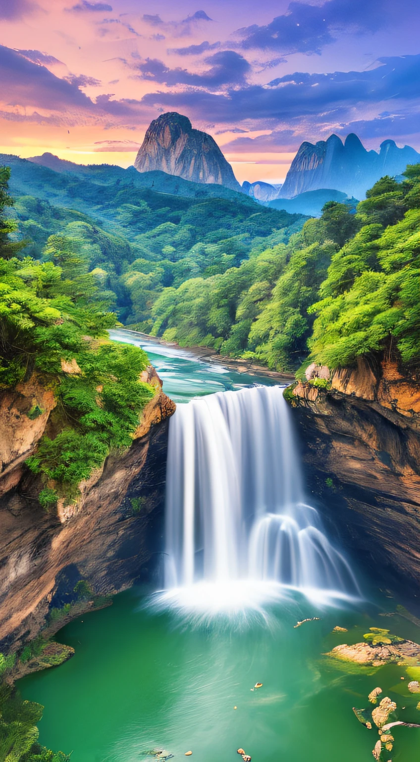 Masterpiece, ultimate quality, Cg unity 8k wallpaper, super delicate, beautiful sky and clouds, rich natural scenery, cliffs, lakes and rivers, waterfalls and flying water, beautiful green mountains, no trace of people, excellent scenery, has already won a photo contest, background Blurring, full depth of field, HDR high dynamics, true restoration, intricate, extreme details, dramatic presentation, perfectly presenting the style of midjourney art.