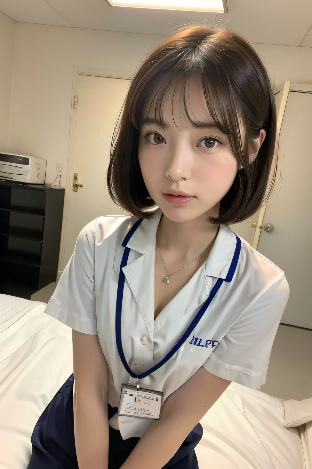 (top-quality、8K、32K、​masterpiece、nffsw:1.2)、Photo of a cute Japanese woman、女の子 1 人、(Medium short dark brown hair)、(small tits)、二重まぶた、White nurse uniform、White shirt、open-shirt、（hospitals）、Hospital Room、The upper part of the body、full body Esbian