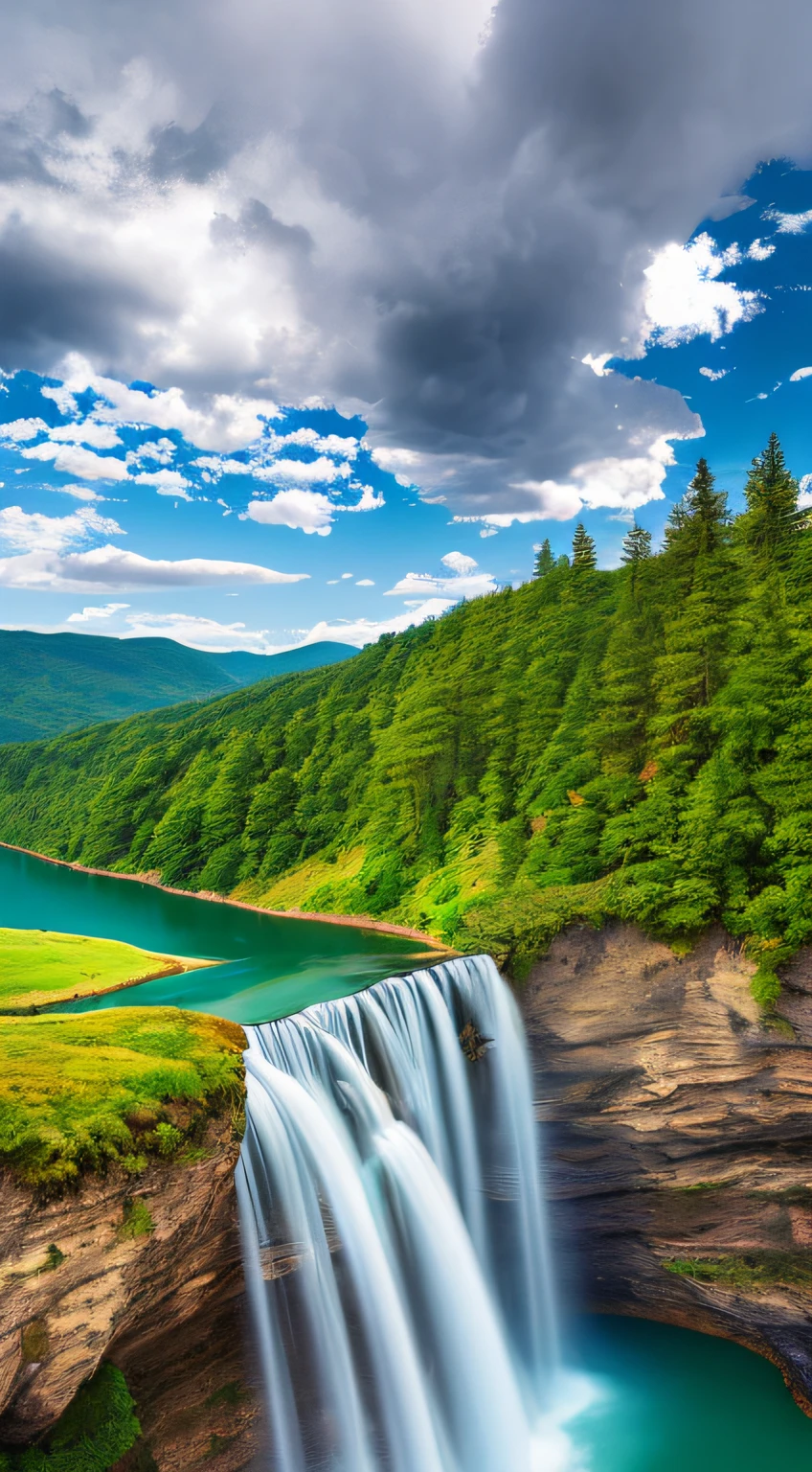 Masterpiece, ultimate quality, Cg unity 8k wallpaper, super delicate, beautiful sky and clouds, rich natural scenery, cliffs, lakes and rivers, waterfalls and flying water, beautiful green mountains, no trace of people, excellent scenery, has already won a photo contest, background Blurring, full depth of field, HDR high dynamics, true restoration, intricate, extreme details, dramatic presentation, perfectly presenting the style of midjourney art.