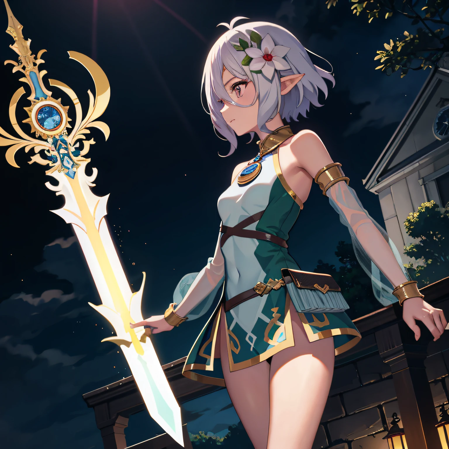 tmasterpiece， 1girll， Clock tower background， A high resolution， knights armor， little breast， a narrow waist：1.4， Wide hip circumference：1.4， thigh gap， nedium breasts，，kokkoro， bare arm， Bare neck， UHR，Machinary，magia，magical sword，Fighting posture