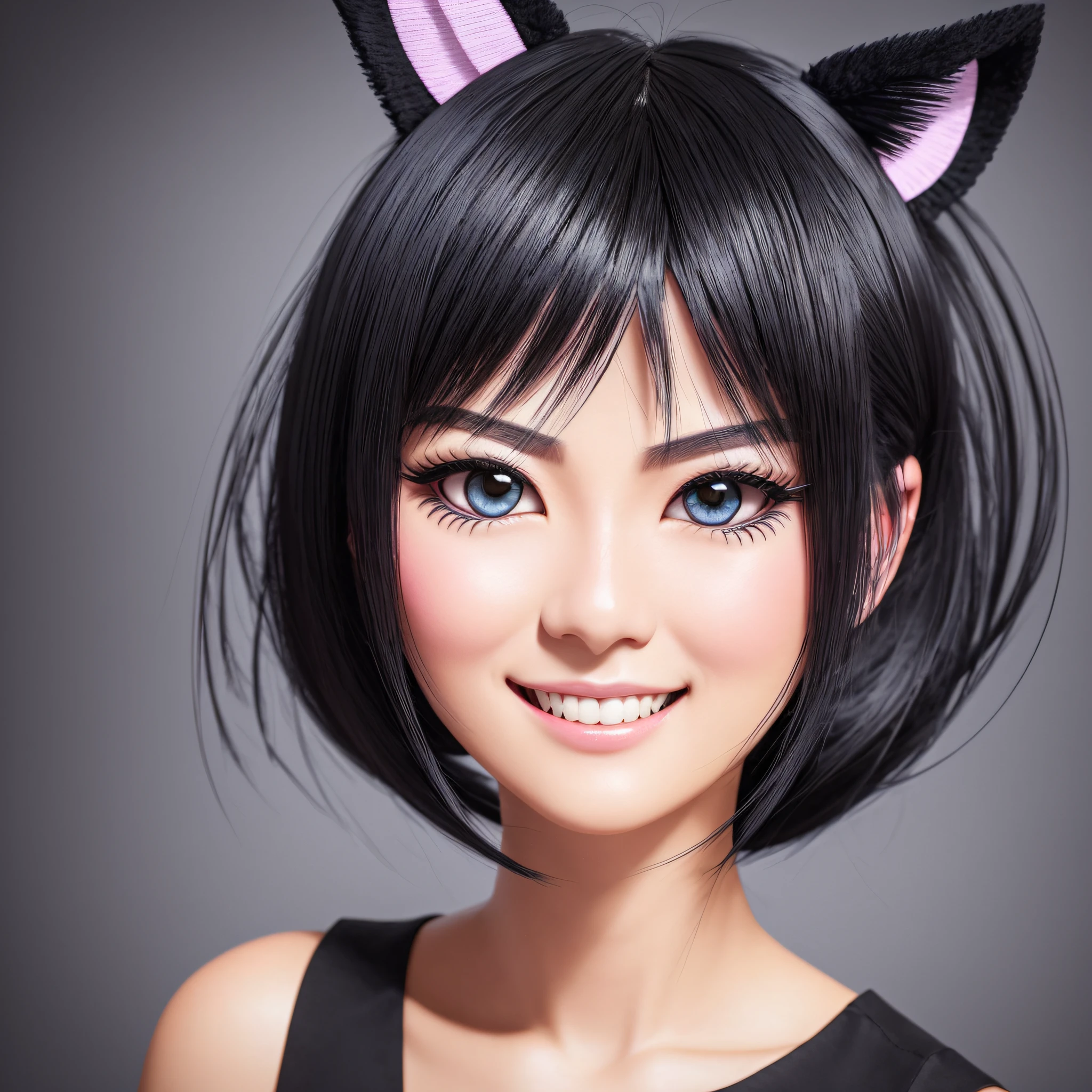 black hair, hair bobbles, wince, longeyelashes, solid circle eyes, fake animal ears, light smile, ear blush, fang, Surrealism, drop shadow, anaglyph, stereogram, tachi-e, pov, atmospheric perspective, 8k, super detail, ccurate, best quality --auto