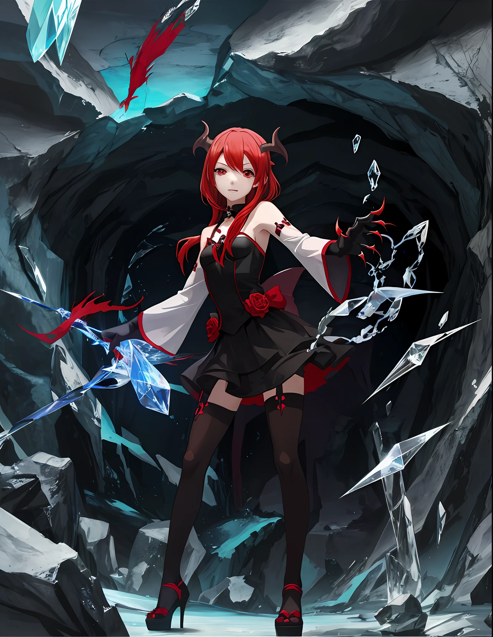 Anime Red haired small succubus with bloody claws and casting spells in a crystal cave