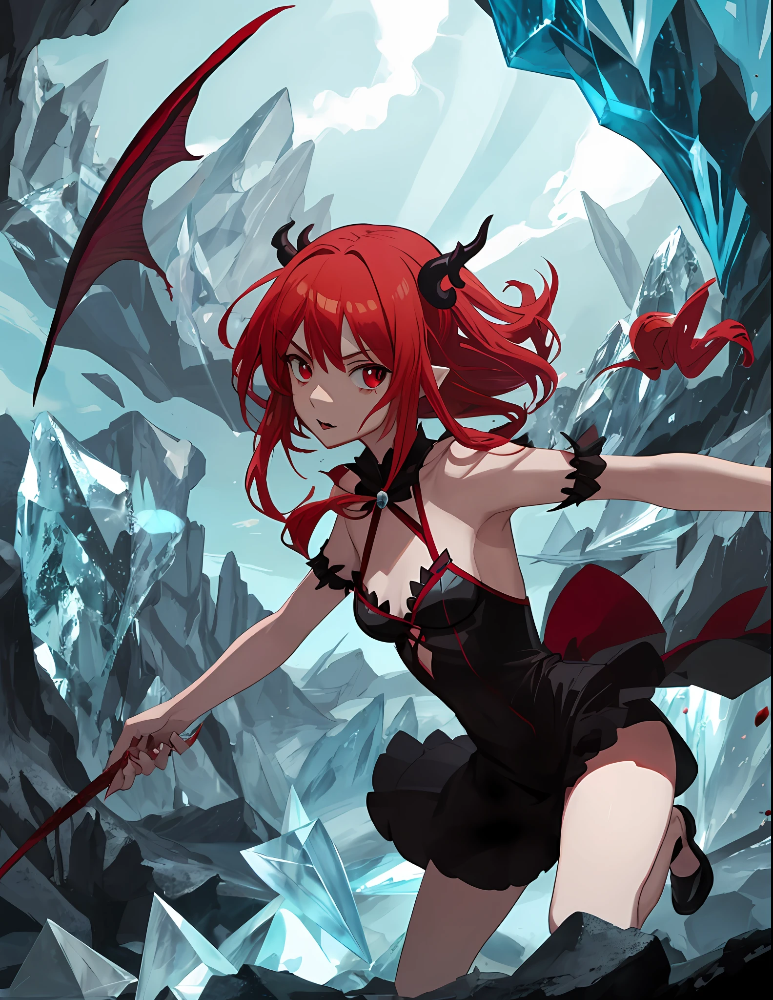 Anime Red haired small succubus with bloody claws and casting spells in a crystal cave