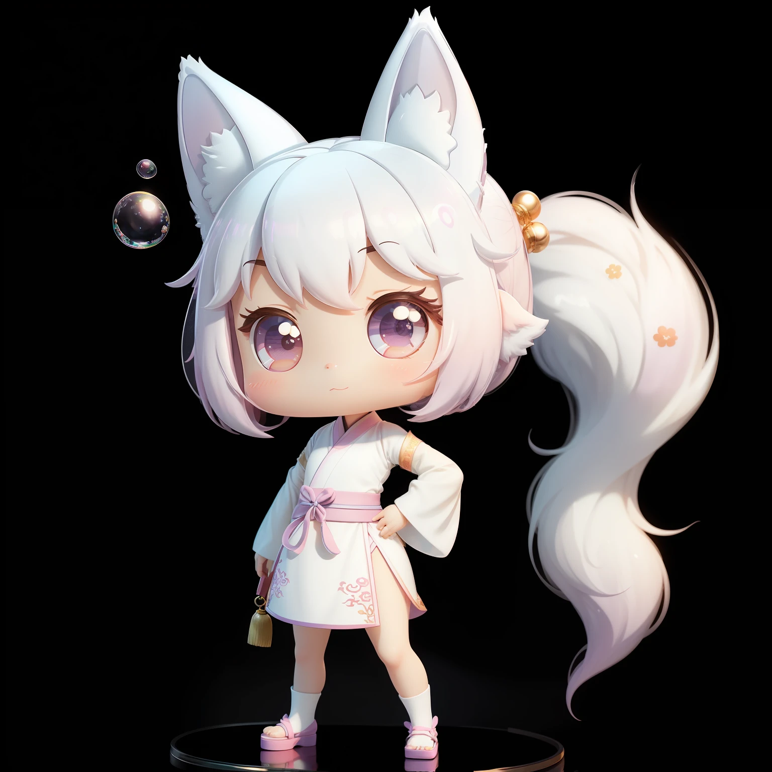 whole body, A super cute girl IP, Chinese ancient style, Hanfu, big eyes, looking at viewer, Hands akimbo, chagrin, Two big heads, fox ears, fox tail,dreamy, excited, Bubble decoration, Popmart Blind Box, IP design, Pixar trend, 8K, details super delicate, resin, oc rendering of the best quality, soft pastel gradients, white background --auto