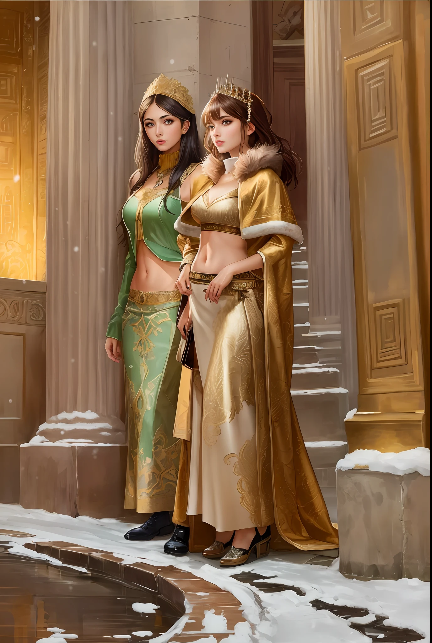 (Positive focus, Original photo), (2girls,duo,navel,Enter the Pantheon in Rome,crowd,winter,Snowy),Surrealistic Female Portraits by David Hockney and Alphonse Mucha, Fantasy art,Wear gorgeous furs, (Blue pupil: 1.4, shiny pupils: 1.4, Big eyes: 1.1), Photo fidelity, Dynamic lighting, Art Station, poster for, voluminetric lighting, Very detailed face, 4K, Award-winning, Shadows, understated, (official outfit: 1.4, Gorgeous fur, Complex clothing, Furs), Looking at the camera, Bust Up Shot, (Realistic face)),
