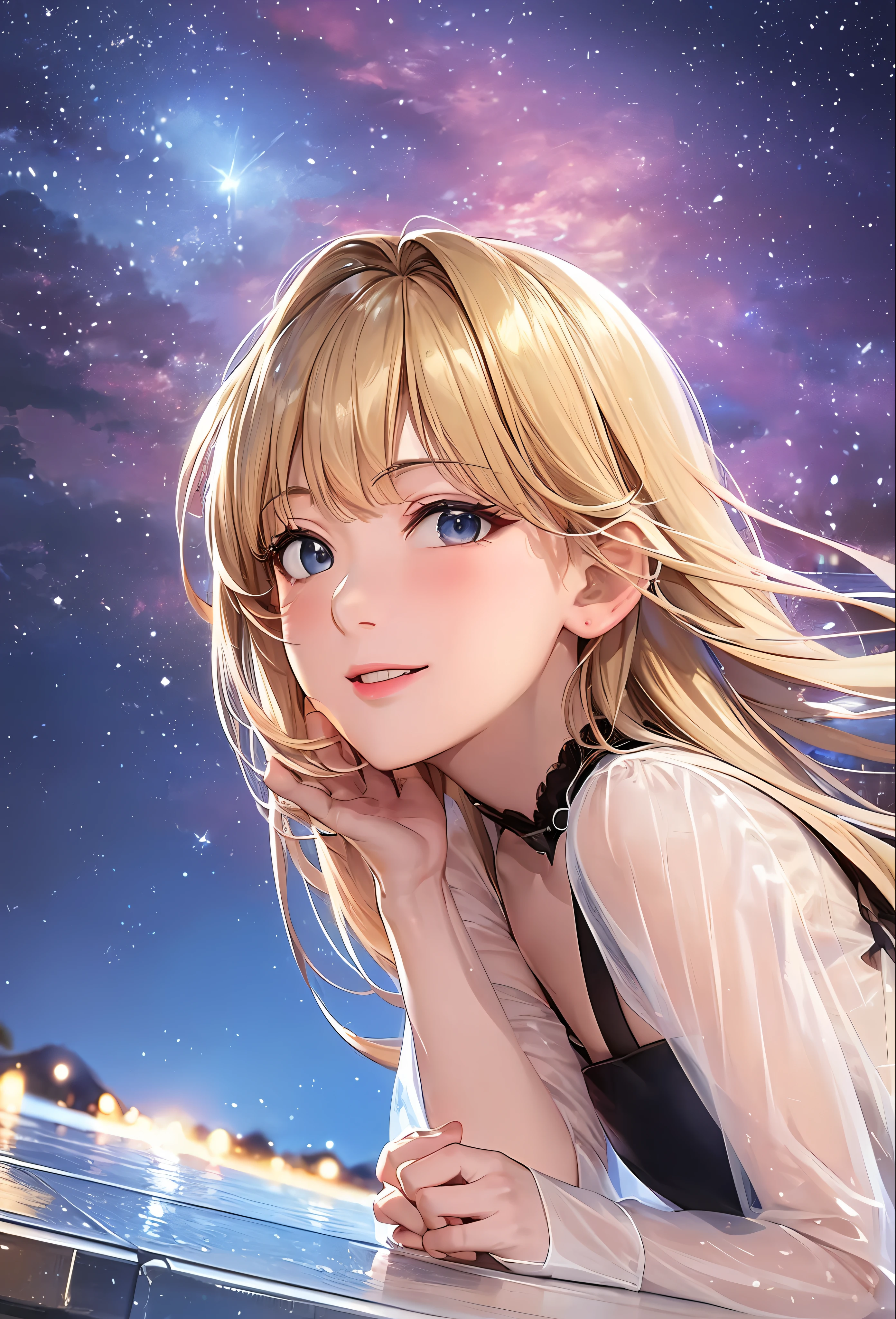 (8k, top quality, masterpiece: 1.2), (realistic, photorealistic: 1.37), super detailed, girl single, cute, solo, midnight, beautiful detailed sky, detailed café, sitting, date, (blush), (smile: 1.15), small breasts (mouth closed), beautiful fine eyes, floating hair NovaFrogStyle, back open dress