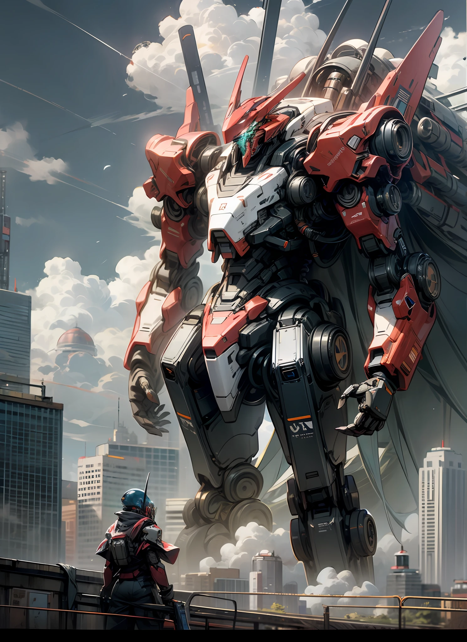 "Sky, Clouds, holds_weapon, no_human, with light glowing, droid, build, radiant_eyes, mechs, sci-fy, view over city, Realistis, Machinary,Animal mech,bugger,immensity --auto