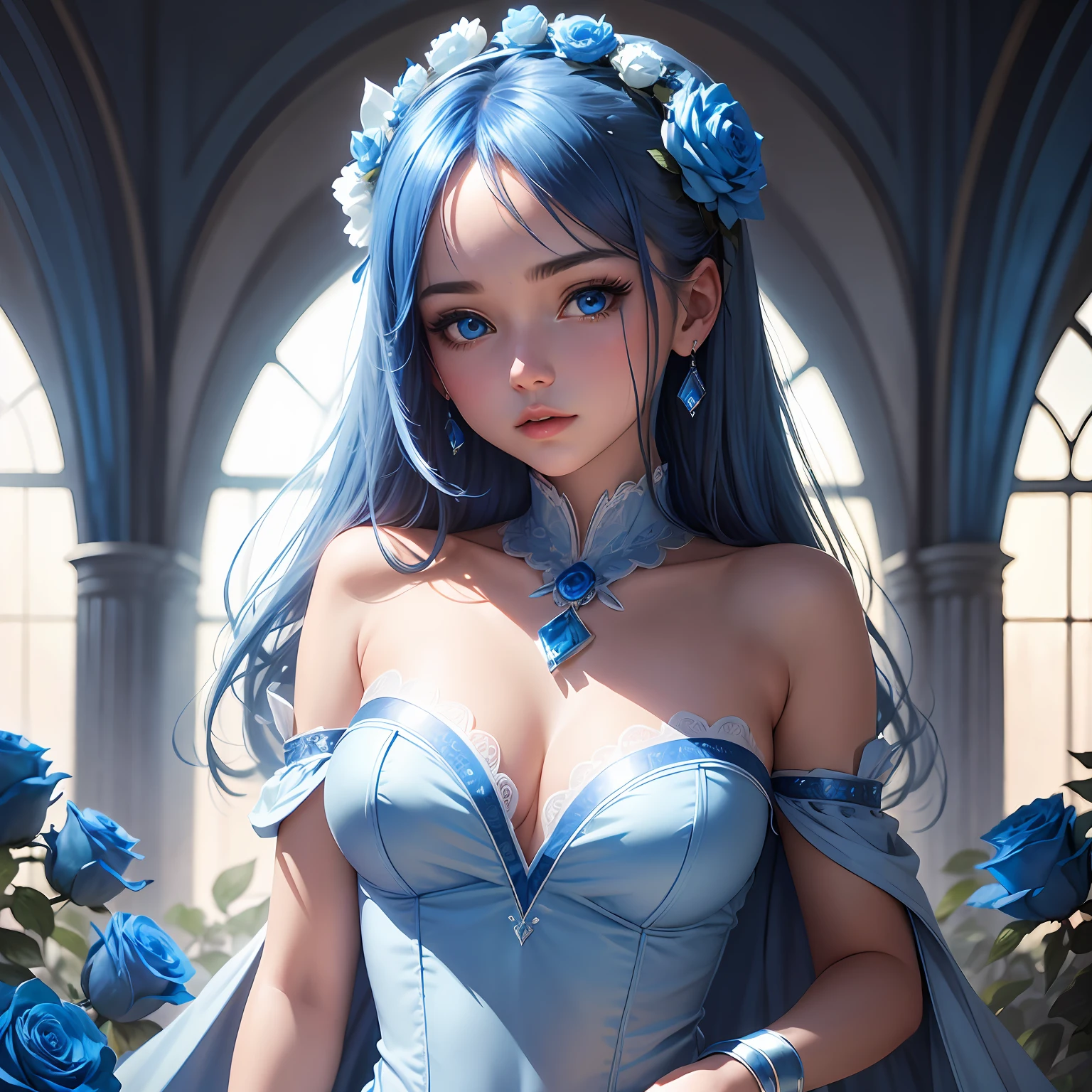 A girl in a blue costume is inserting blue roses, jewel-like eyes, flat illustration, blue light, acrylic, Super dreamy, 8k, blue and white --auto