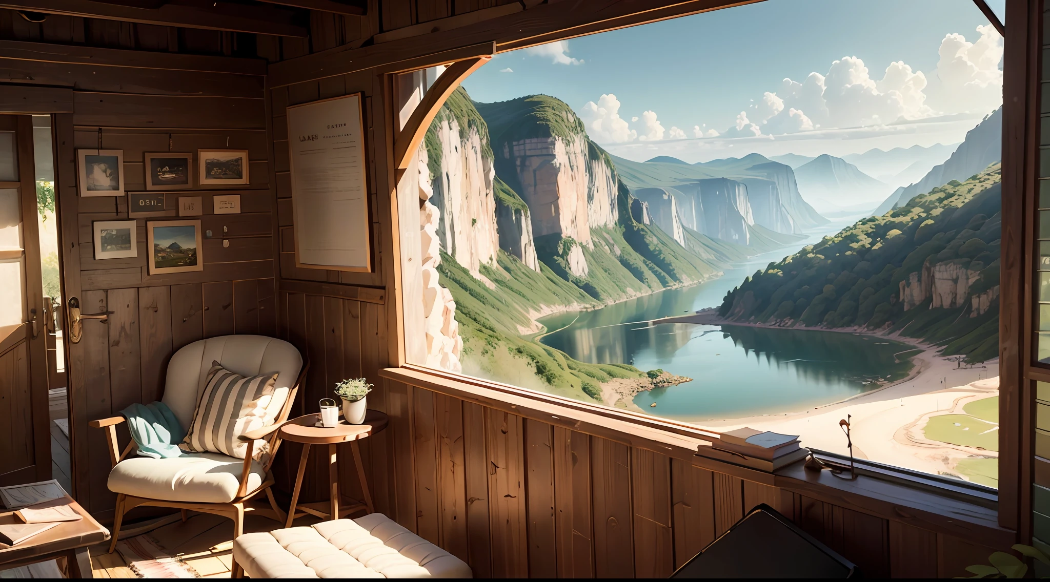 Desenhe uma paisagem ao fundo com livros numa estante estilo vintage, paying attention to small details and textures --auto