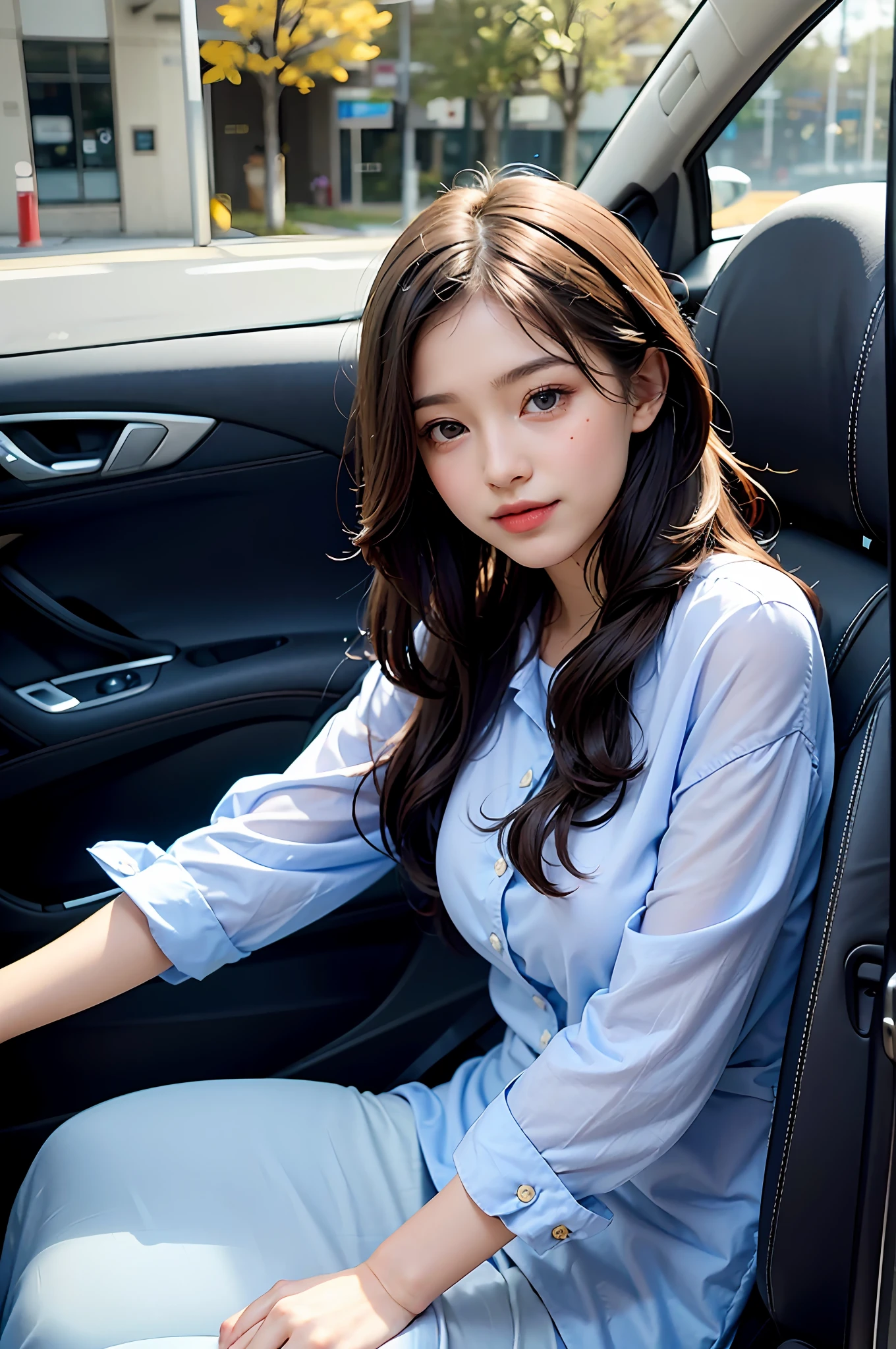 Hair is slightly curled,Seventeen or eight years old,Flower season girl,Delicate facial features,ssmile,Sitting in Car,The picture shows a girl sitting by the car window,The windows are open, The streets outside are full of traffic,,Wear a light blue shirt,Best quality at best,tmasterpiece,photograph of-realistic