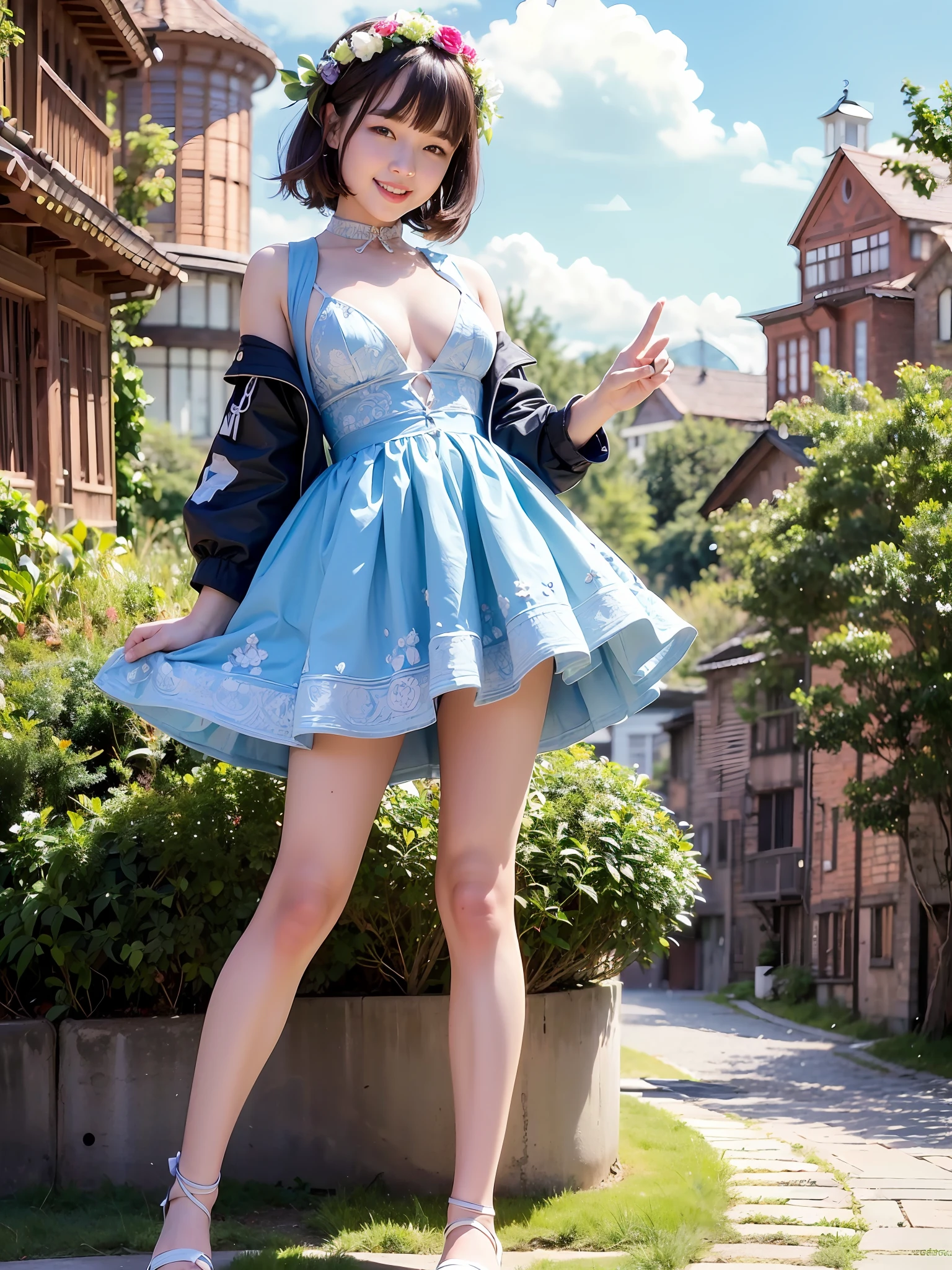 (dynamicposes:1.4), (dynamic ungle:1.4), Romper (细致背景:1.4)、hyper detailed background、(Floating light blue clouds:1.4)、(Floating blue flowers:1.4)、 Romper (perfect anatomia、perfect hand:1.4)、(Perfect five fingers:1.4)、(Perfect 4 long fingers and perfect short thumb:1.4)、(Thumb shorter than the other 4 fingers:1.4)、(Perfect two arms:1.4)、(Perfect two legs:1.4)、((top-quality、8K、​masterpiece:1.3))、1girl in、A smile、full body Esbian、Slim Faces、Pretty women、(dark brown  hair)、hyperdetailed face、A detailed eye、二重まぶた、blured background、Cute、extremely delicate and beautiful girl、Happy smiling face、Overall、ultra-detailliert、small mouth、Colossal tits、(foco nítido:1.3)、(fullllbody:1.5)、 1girl in、(Detailed beautiful skin、A detailed face:1.2)、Curvaceous、 cleavage of the breast、Curvaceous、Look at viewers、bob cuts、White long skirt、high-waisted、Short length rider's jacket