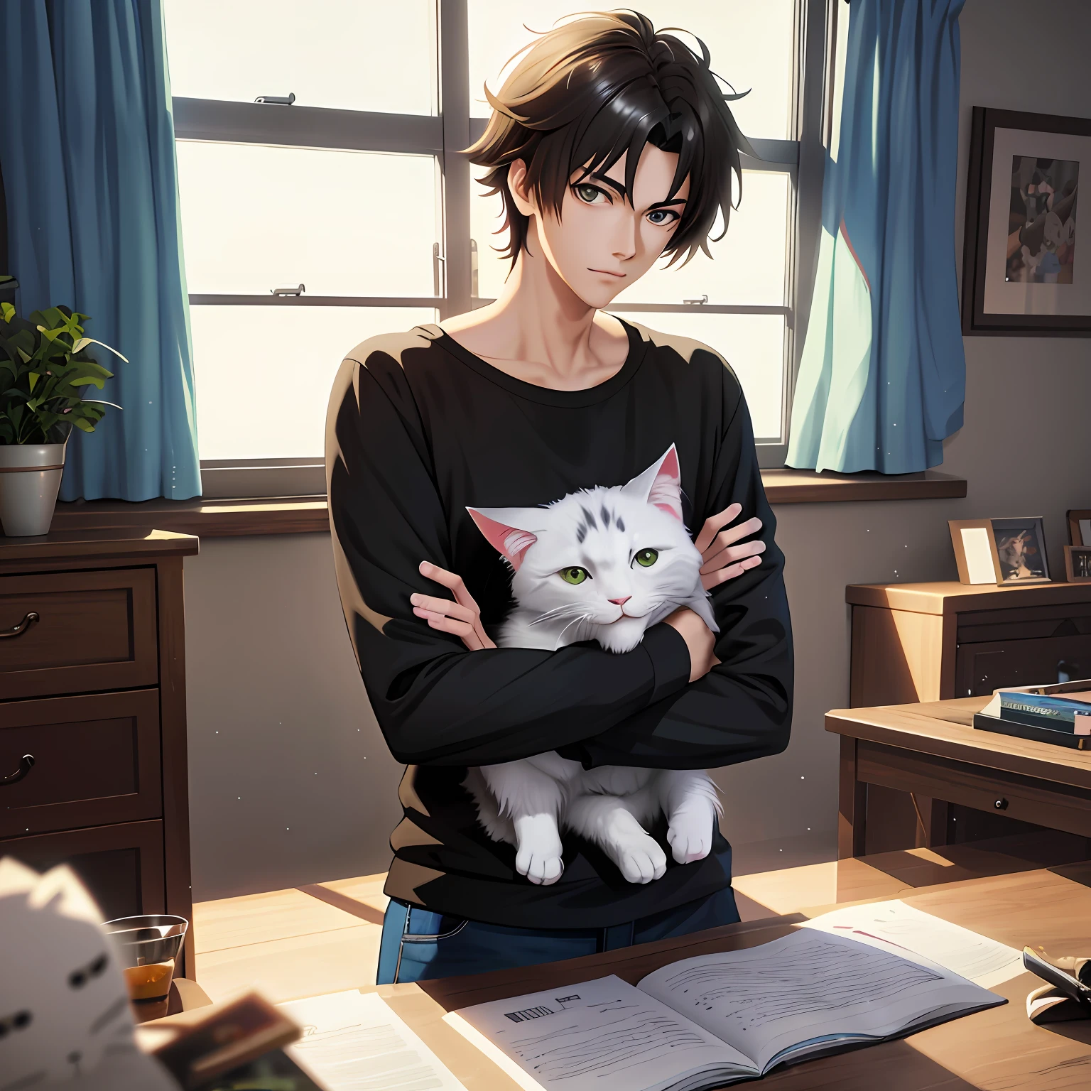 Anime - A style image of a man holding a cat in his arms, realistic anime cat, anime cat, anime visual of a cute cat, Digital anime illustration, in an anime style, Guviz-style artwork, anime realism style, In anime style, Handsome anime pose, Realistic anime 3 D style, Makoto Shinkai and Artgerm