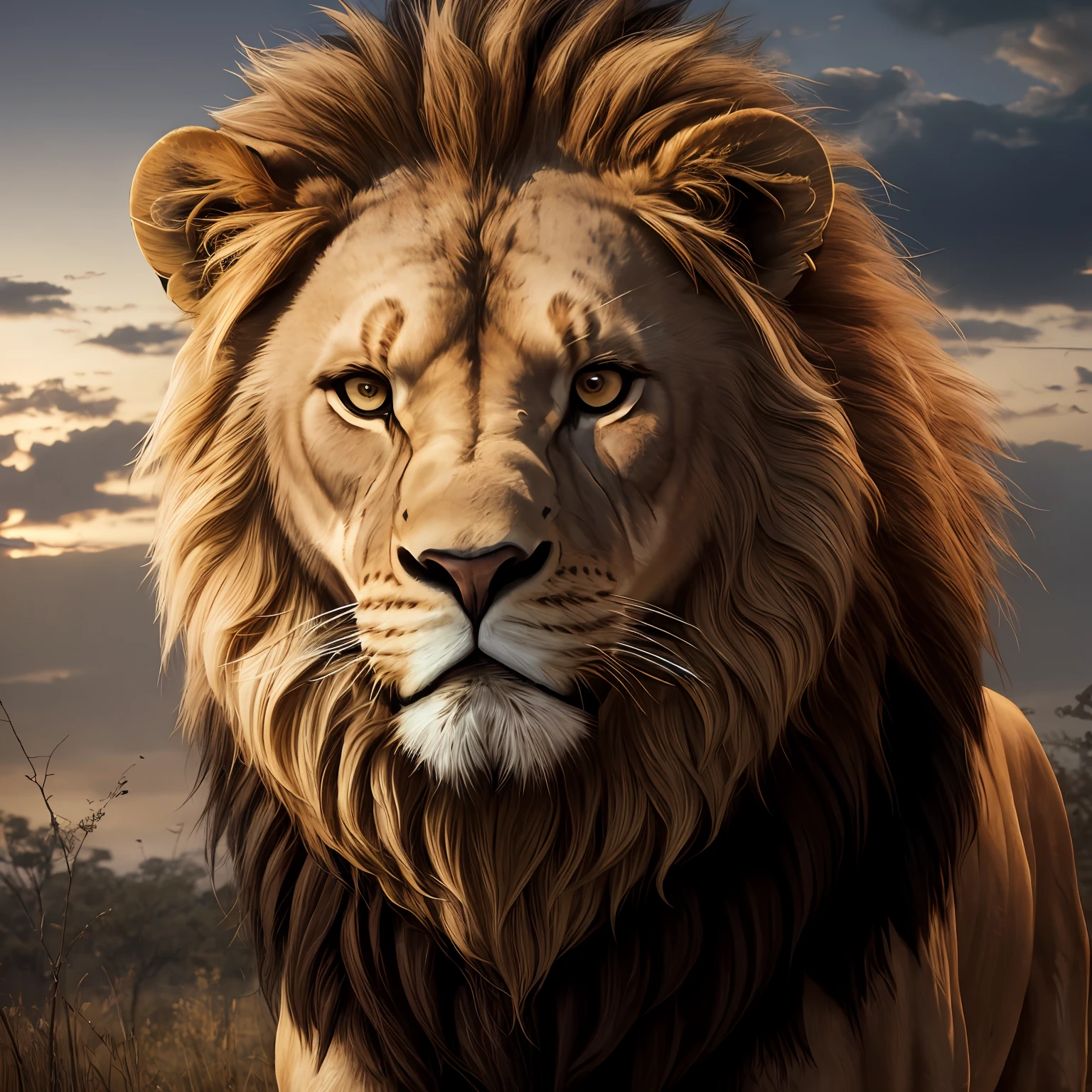 An imposing, realistic, angry lion in a savannah, special cinema lighting, FHD --auto