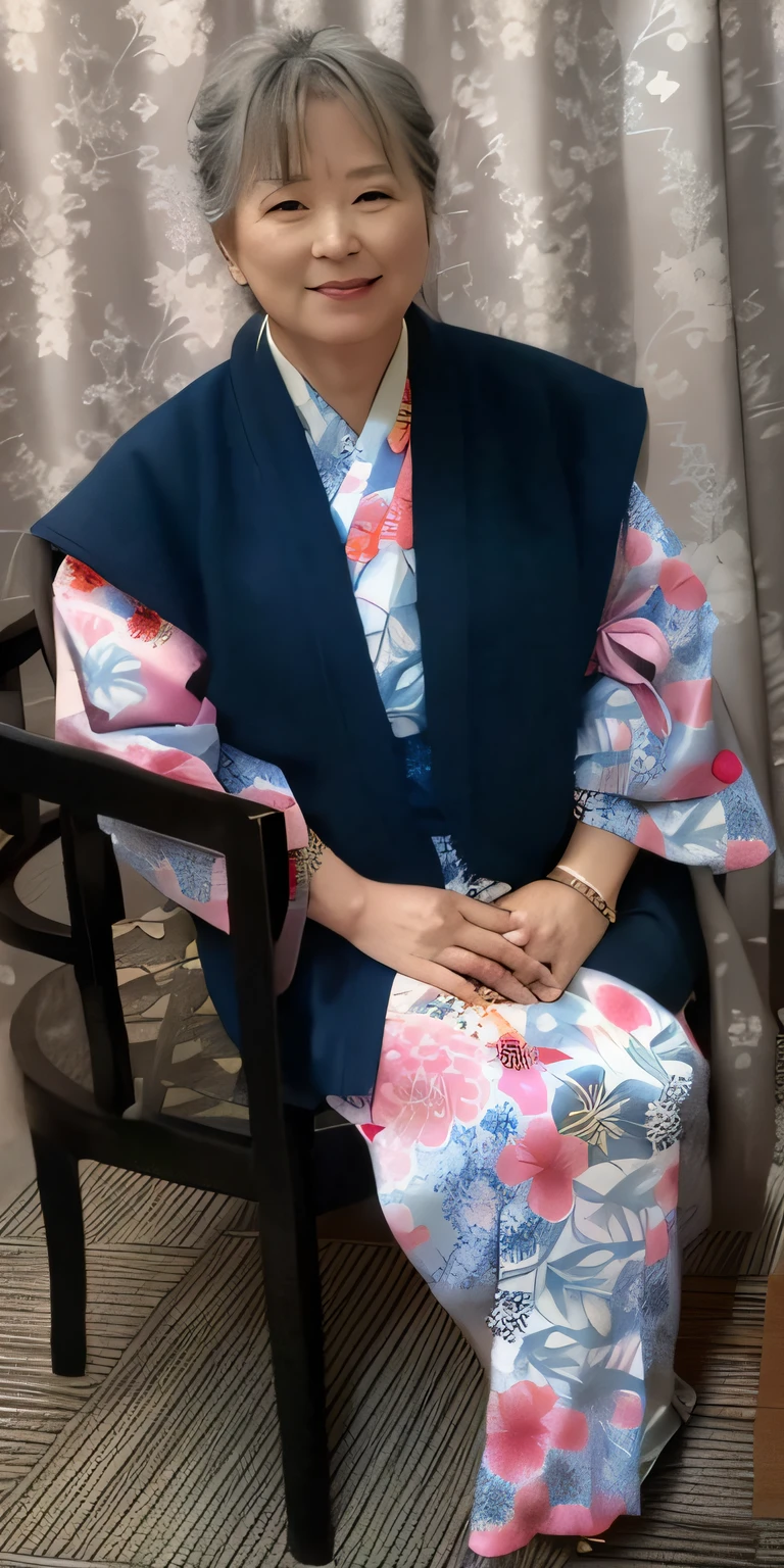 arafed woman sitting in a chair in a blue kimono, wearing a haori, wearing a kimono, wearing a colorful yukata, in a kimono, in kimono, wearing kimono, wearing royal kimono, classy yukata clothing, pale and coloured kimono, wearing a simple robe, wearing hakama, wearing aristocrat robe, yukata clothing, wearing kimono armour