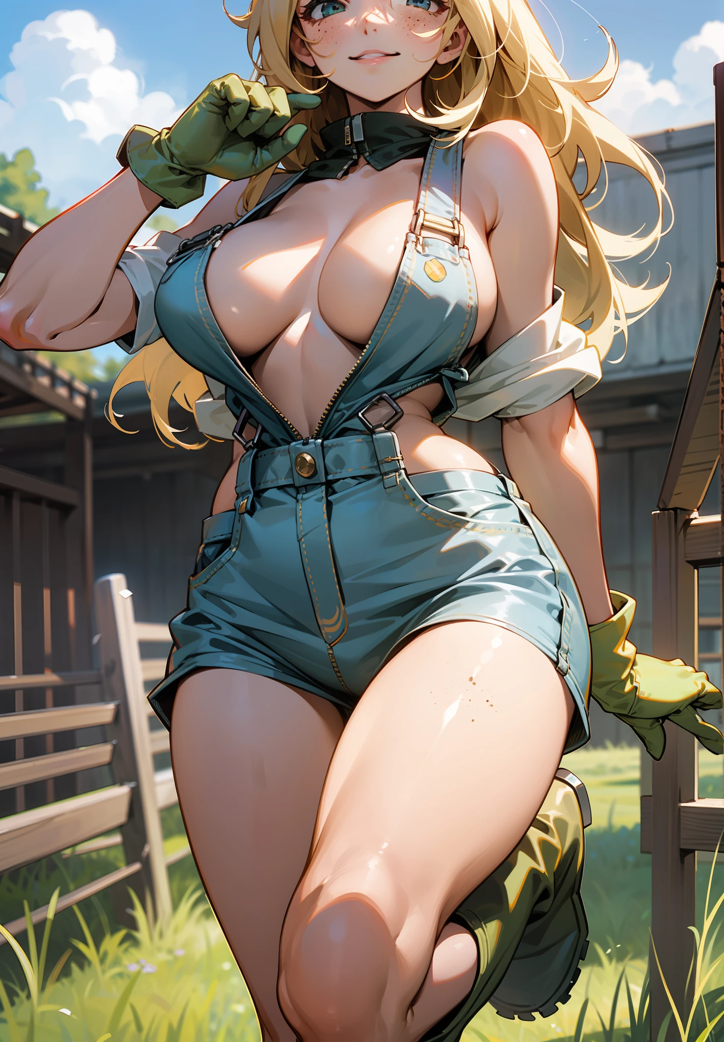 Texas woman, 25 years old, perfect face, thin, smiling, eyes tight, tight, realistic, beautiful, in gray detailed overalls, full body, clean arms, light skin tanned from the sun, work gloves, cap, hair loose in the wind, light brown, freckles, no bra, no bras, no t-shirt, no lingerie, , full, soft, tossed, round, jumping, dirty boots, Dirty, walking in the green field, wooden fences, stables, hay, tractor.