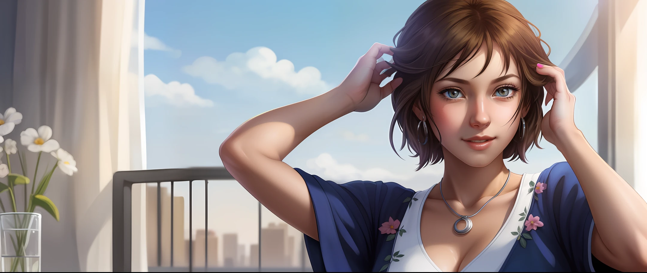 masterpiece,best quality,highly detailed, extremely detailed CG unity 8k wallpaper,illustration,Misha Necron,dress,medium breasts,expressionless,light smile,light blush,(facing viewer:1.3),(seiza:1.3),looking at viewer,(adjusting hair:1.4),blue sky,white c...